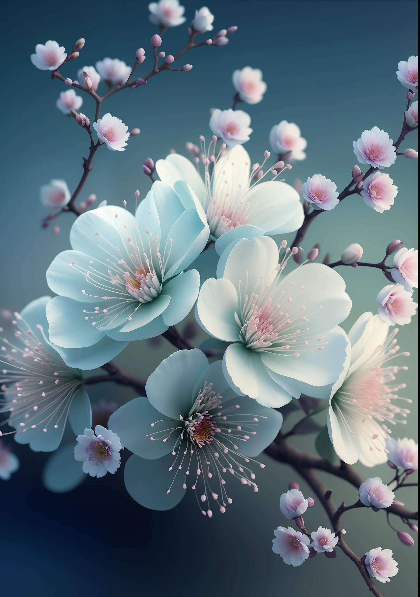 there is a close up of a bunch of flowers on a branch, paul barson, flower blossoms, beautiful digital artwork, beautiful digital art, flowers and blossoms, surreal waiizi flowers, beautiful flowers, blooming flowers, flowers with intricate detail, incredibly beautiful, beautiful art, beautiful composition 3 - d 4 k, gorgeous digital art, sakura flowers