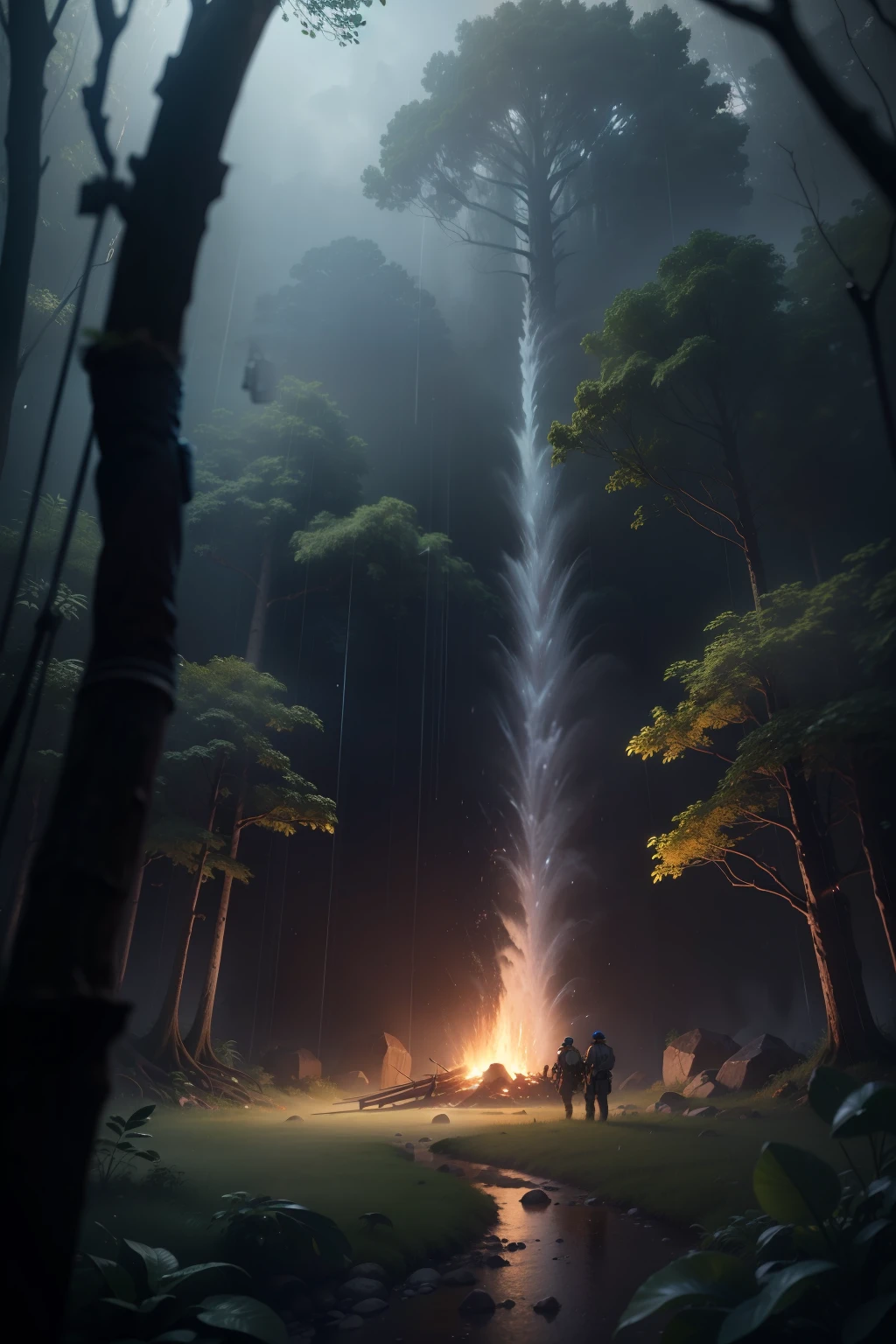 A dense forest in the midst of a heavy nighttime downpour, specifically the amazon forest with raindrops cascading down the trees and thunder rumbling in the distance, masterpiece, 2 robot holding gun, talking each other, next to a huge fire, best quality, high quality, extremely detailed CG unity 8k wallpaper, oil paiting, award winning photography, Bokeh, Depth of Field, HDR, bloom, Chromatic Aberration ,Photorealistic,extremely detailed, trending on artstation, trending on CG