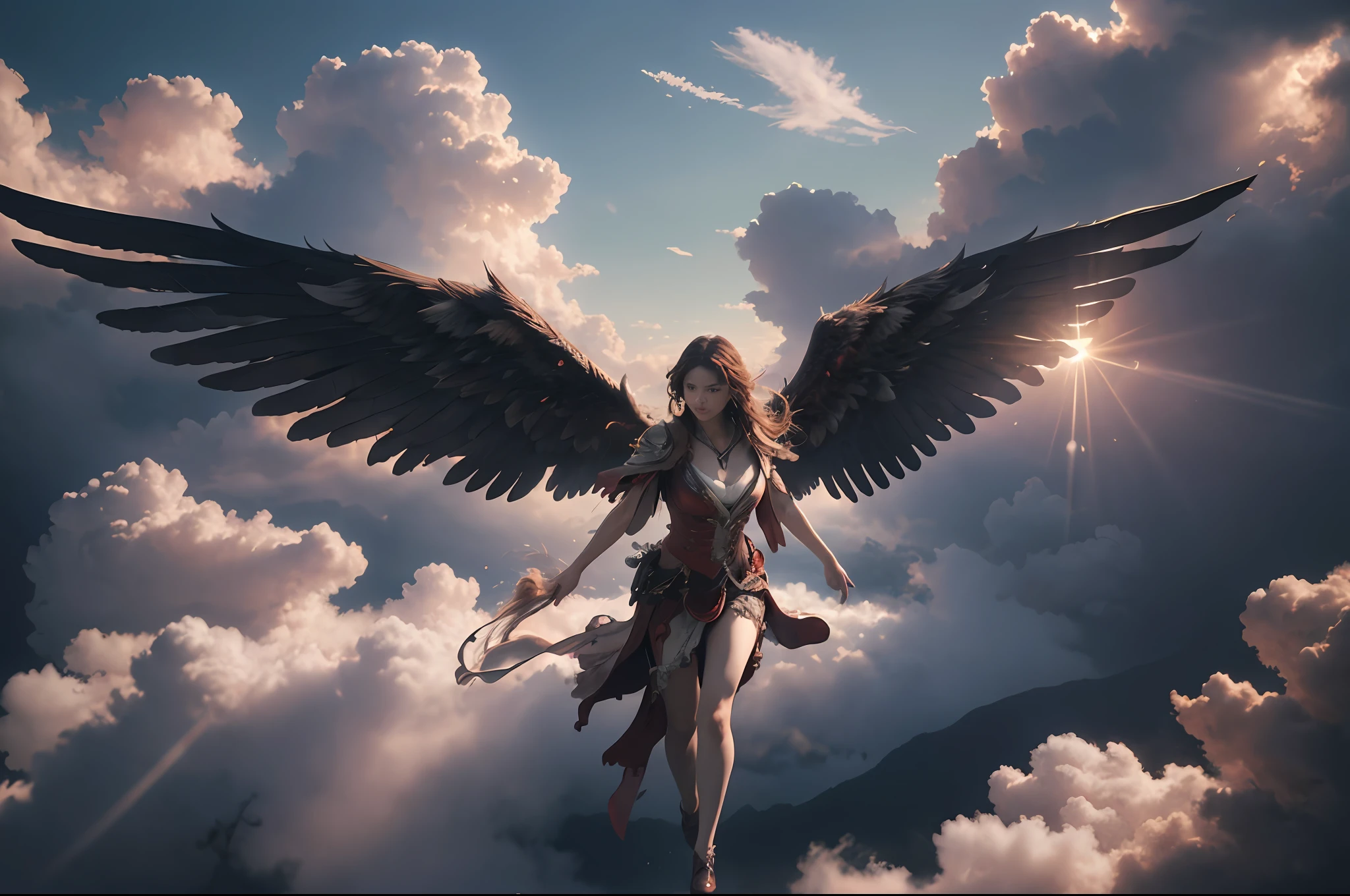 masterpiece, highly detailed CG unified 8K wallpapers, 8k uhd, dslr, high quality, clean, dramatic scene, cinematic lighting, ultra-high resolution, ultra-high detailed, high-definition, wings, cloud, sky,sun,sunlight,floating,flying in the sky