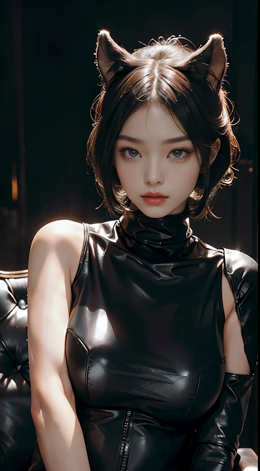 primitive，tmasterpiece，ultra fine photos，，best qualtiy，超高分辨率，Photoreality，rays of sunshine，full-body portraits，stunningly beautiful，，dynamicposes，Chinese beautiful woman，Vibrant eyes，（seen from the side），She wears a futuristic Batman costume，tight leather pants，turtleneck top，cropped shoulders，Batman ears，Sit on a leather sofa，very highly detailed background，detailed face with，Detailed and complex busy background，Untidy，opulent，milkyW，Highly detailed skin，Realistic details of skin，Visible Pore，tack sharp focus，volume fog，8K  UHD，digital SLR camera，high qulity，filmgrain，White skin of the，photo-realism，DL，Huge metropolis in a dystopia of the future , look from down, semi transparent