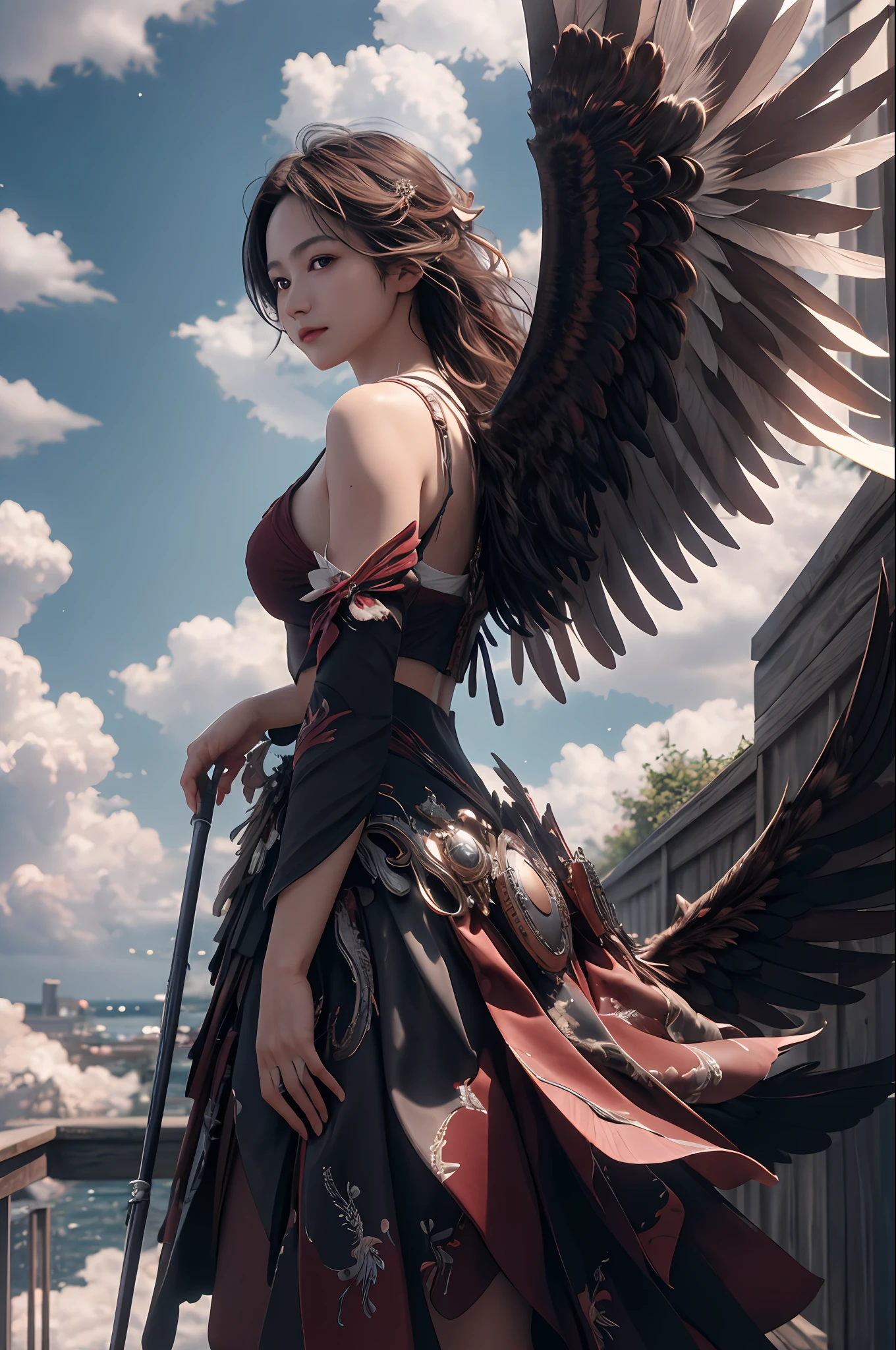 masterpiece, highly detailed CG unified 8K wallpapers, 8k uhd, dslr, high quality, clean, dramatic scene, cinematic lighting, ultra-high resolution, ultra-high detailed, high-definition, wings, cloud, sky,sun,sunlight,floating,flying in the sky