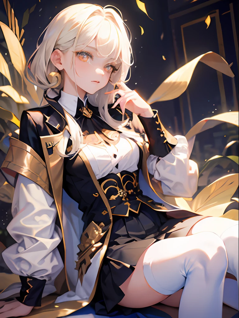 Need,tmasterpiece,whaite hair,Golden eyes,Manteau blanc,Hairline,Fair skin,SideBraid，fully body photo，blackstockings