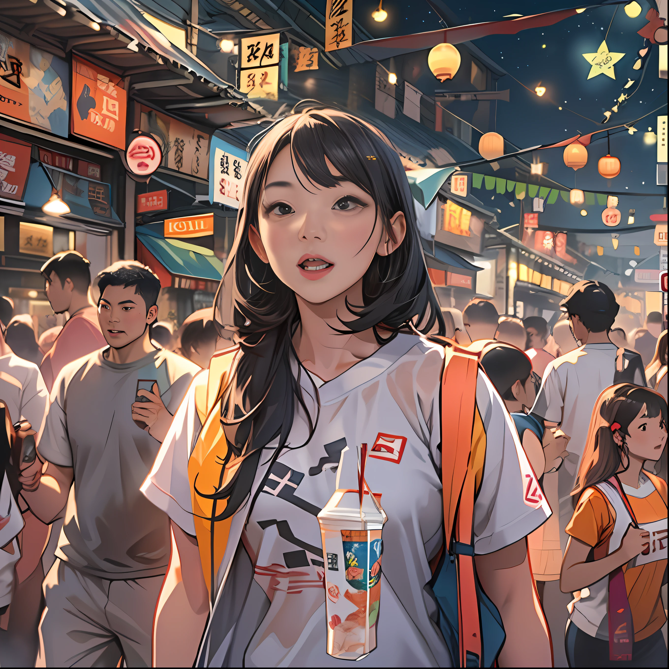 Lively and cute asian girl,Wear sportswear,Standing in the middle of the crowd at the snack street,Look around for something ,in the style of the stars art group xing xing, 32K, Best quality, Masterpiece, Super detail, High details