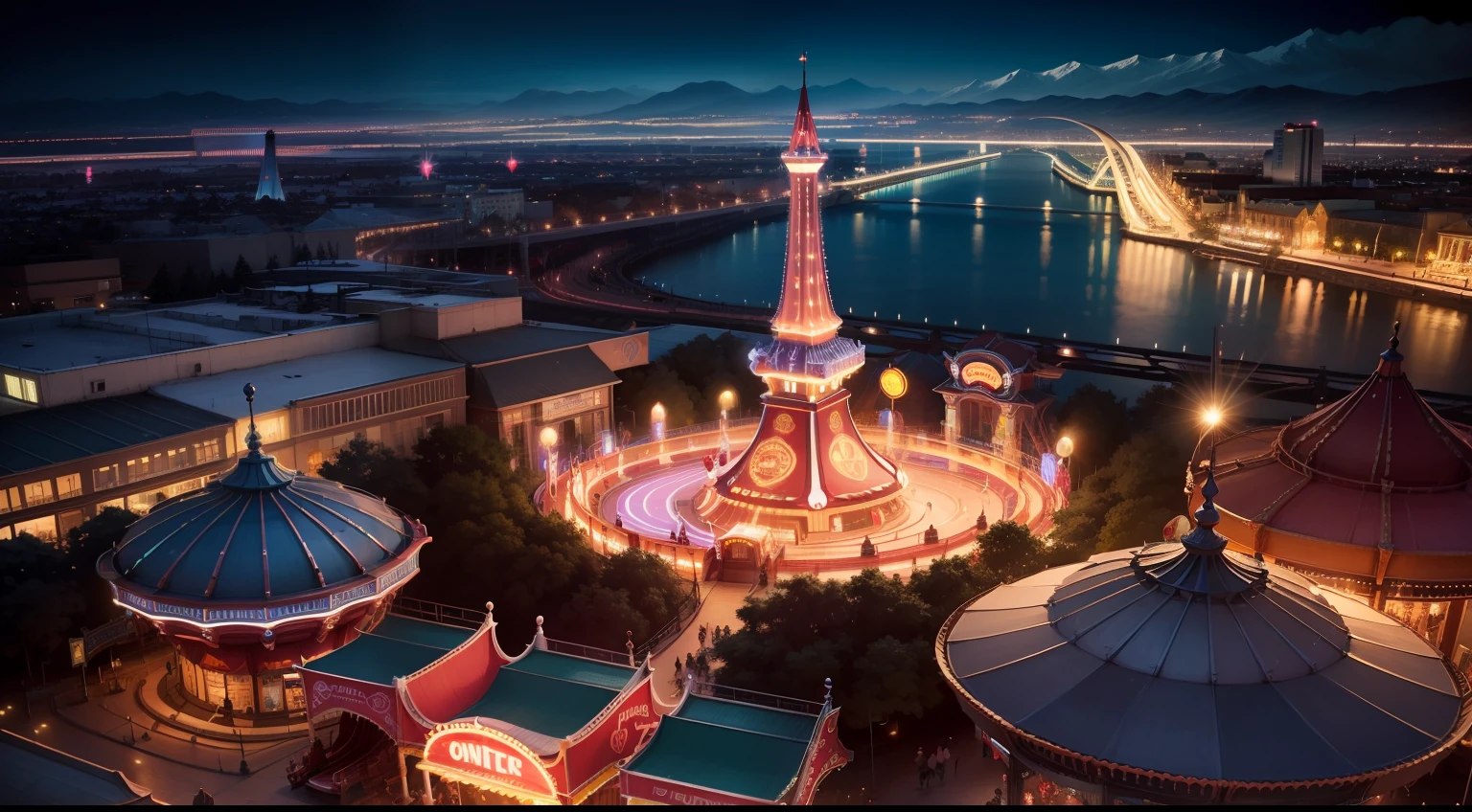 Night view amusement park, wide shot, from above, letterboxed, blind box toy style