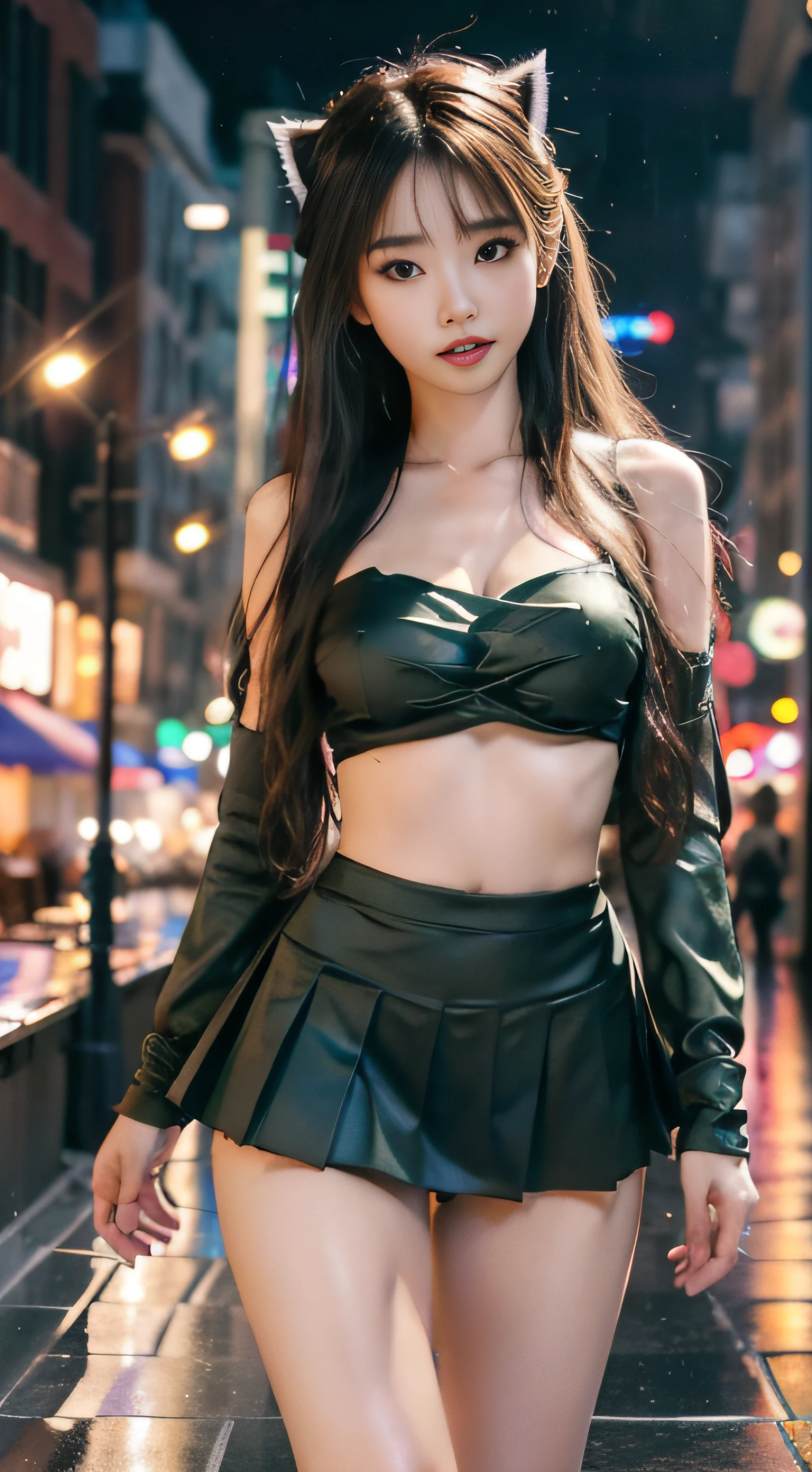 (bare breasts:0.2)best quality, ultra high res, (photorealistic:1.4), (green long hair:1.3), (azur lane\), 1girl, (Kpop idol), nsfw, slender body, looking at viewer, cute, detailed face, contrapposto, smooth skin, perfect anatomy, white camisole, pure black pleated skirt, cityscape, night, rain, wet, professional lighting, shopping mall rooftop cafe, outdoor, no teeth