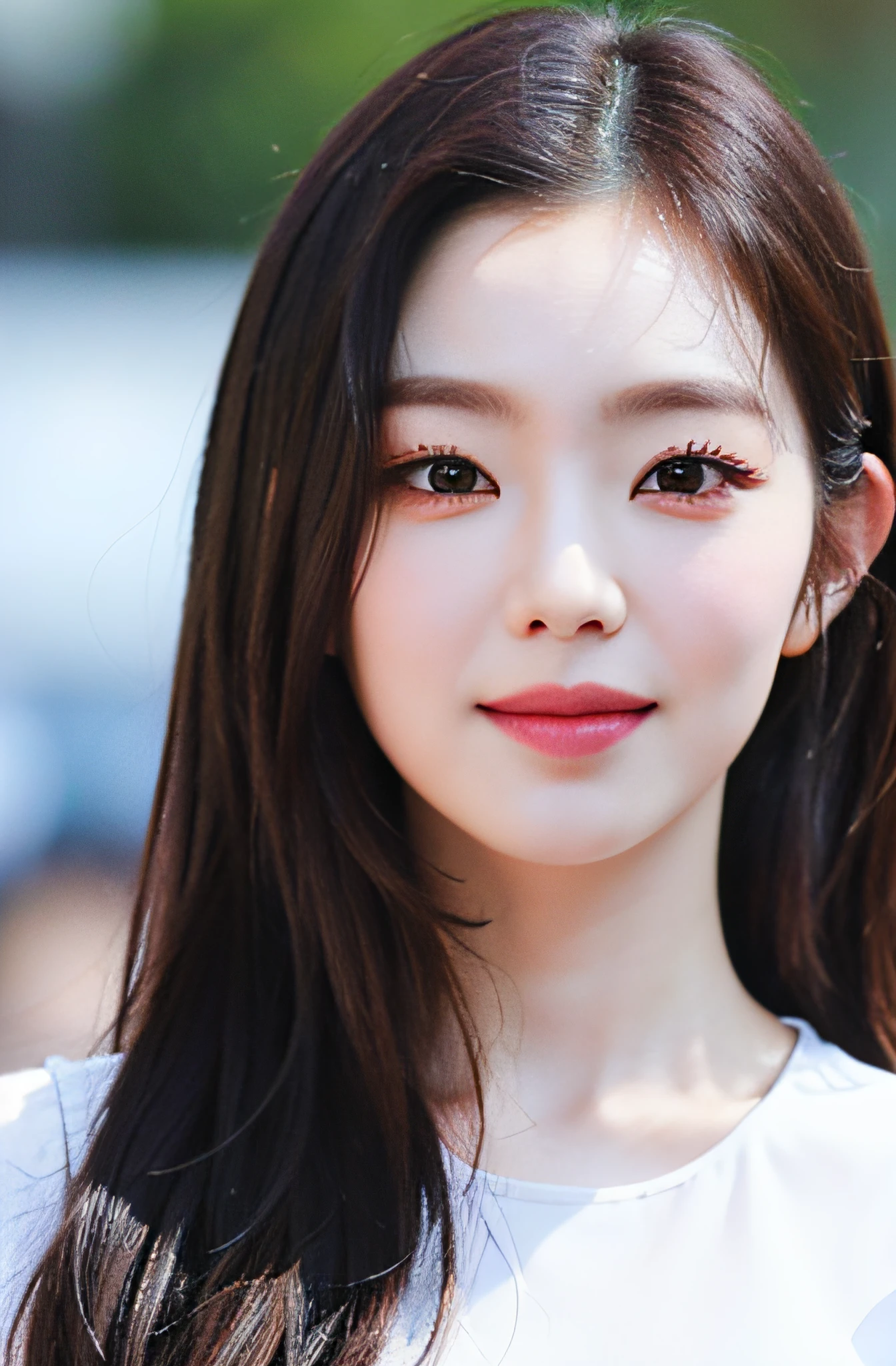 extremely detailed eyes, extremely detailed face, best quality ,masterpiece, extremely detailed, ultra-detailed, (realistic, photo-realistic:1.3), smile, (facing front), looking at viewer, white shirt, sunny day, outdoor, 1girl upperbody