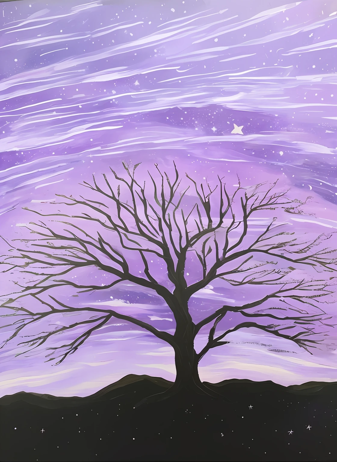 A painting of a tree,Purple sky and stars in background, Inspired by Dwight William Tryon, stary night painting, A star tree in the Milky Way, Inspired by Rockwell Kent, Inspired by Keffen Williams, trees and stars background, Inspired by Peter Brooke, Inspired by Ralph Albert Blacklock, intermediate art, Purple sky in moonlight, cosmic tree