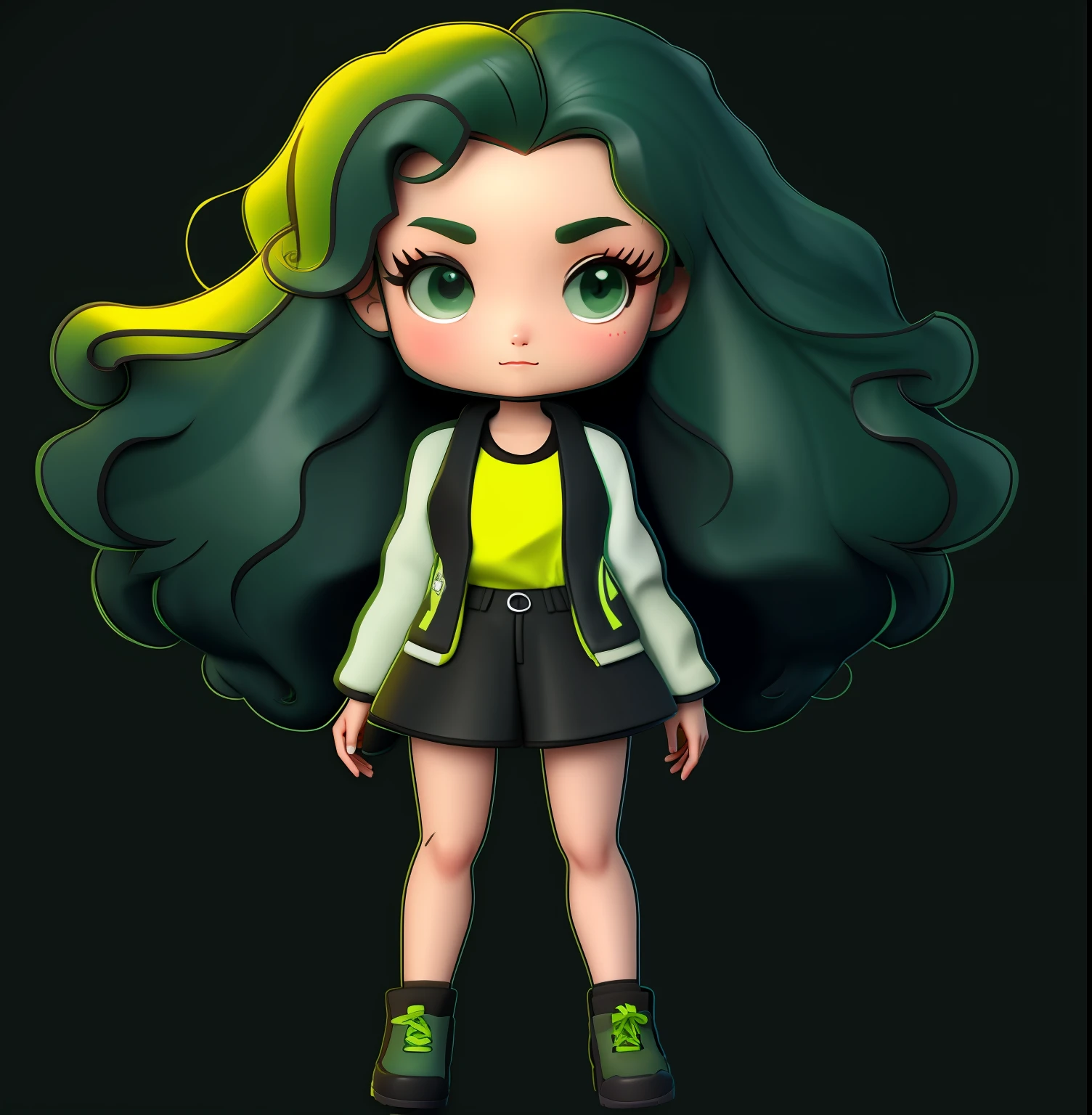 A cartoon girl with long hair and a jacket, chibi girl, bold lineart, , Green curls, Black clothes