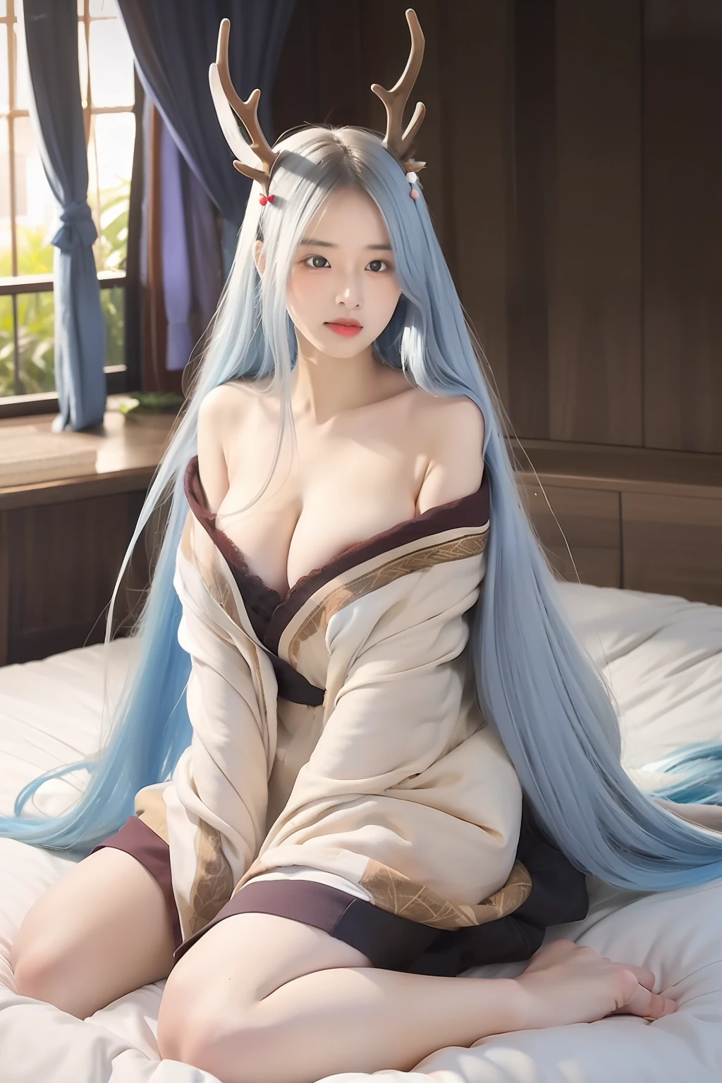 Kaguya otsutsuki. A woman sitting in our room. His long hair was blue. With a pair of antlers. He sat down and put on a white kimono about to fall off. Showing some of her big, round breasts and breasts. Her skin was really pale white. Her cheeks were rosy. Seeds as red as blood. And one red eye on his forehead. He looked at the camera. Looking so pretty and realistic.
