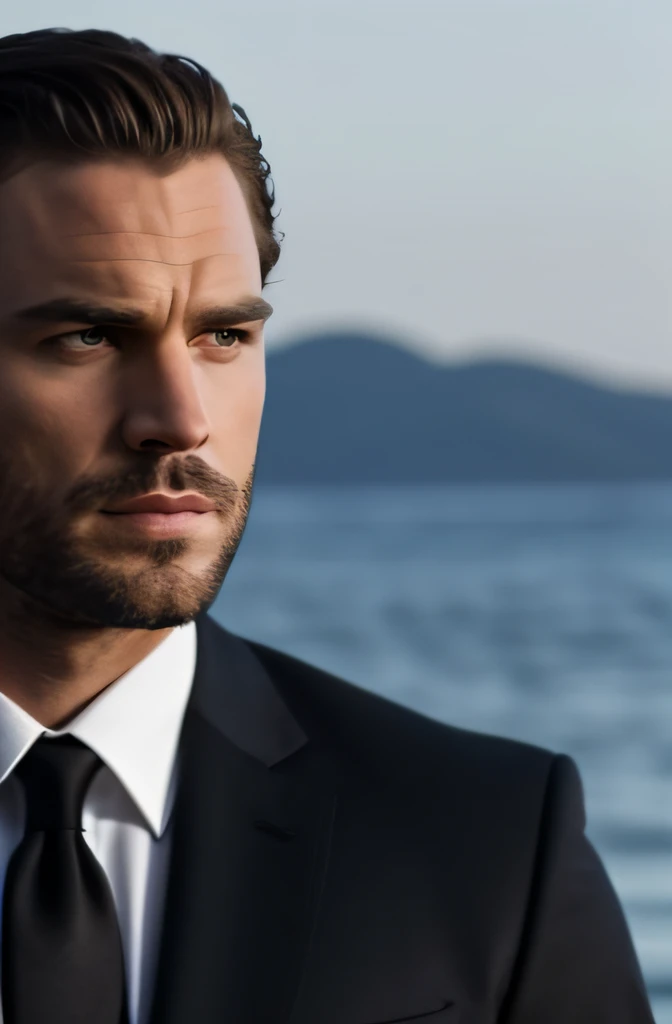 ((A half body))Photo RAW,Christian Grey style in the film,Wearing black dress pants,(Bearded and charming)A cinematic scene,(Impeccably clean),Tanning and healing body, Serious and elegant man,Thick male eyebrows, Agent 007 man style, (Mysterious and serious face,)with short black hair,Classy and Elegant,Fit in shape,Sturdy in a suit, Greek sea background image with sunset,mtu,(high quality and realistic image),((best qualtiy,8k,tmasterpiece)。