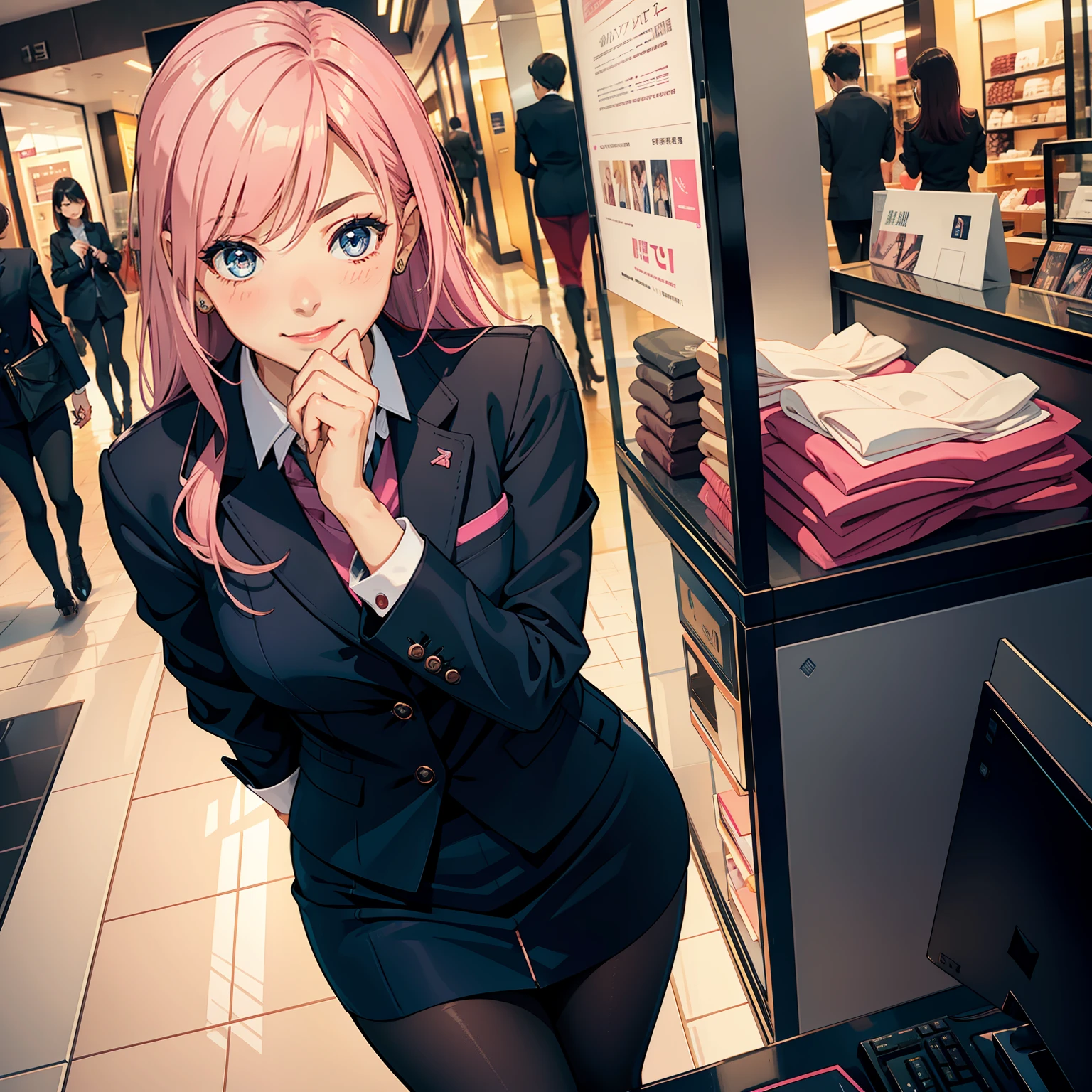 1 female，Blushlush，Cover your mouth with your hands and smile，Professional Dress，reception desk，Mall clothing store