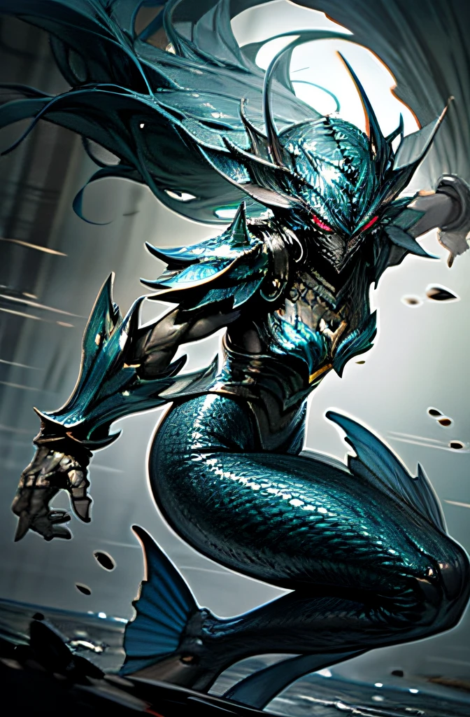Mermaid warrior emerging from the depths, fierce and determined.