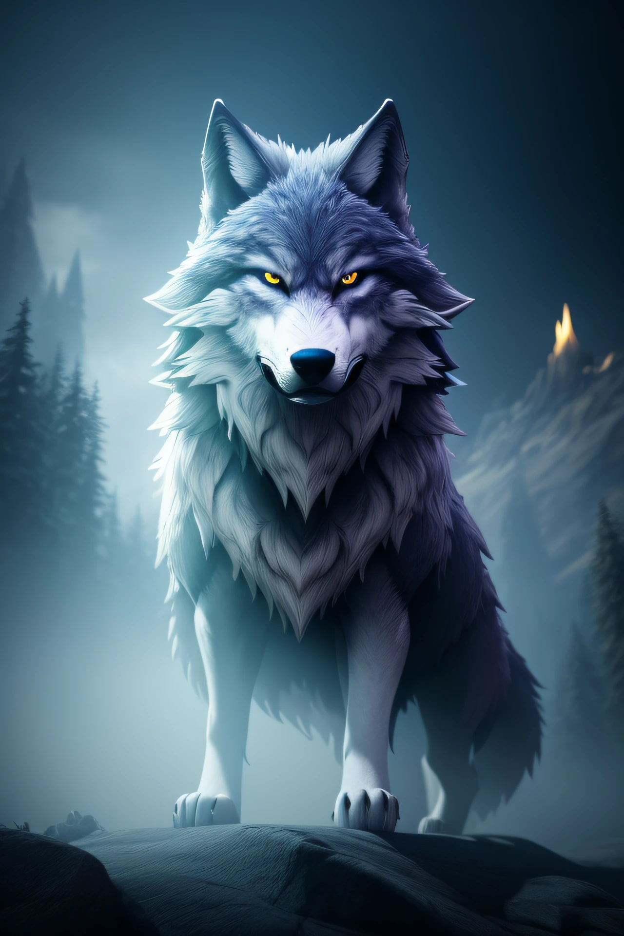 Character design, sinister sorcerer wolf, ethereal fog, lifelike rendering, Octane Render, Unreal Engine, intricate detailing, atmospheric mist, voluminous illumination, high dynamic range (HDR) lighting.