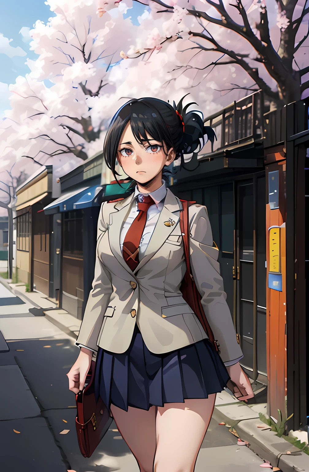 [momo yaoyorozu; Boku no hero academia], ((masterpiece)), ((solo portrait)), ((High definition)), ((anime)), ((Kohei Horikoshi)), ((detailed shading)), ((cute)), {momo; (slanted eyes), (dark grey eyes), (black hair; side bang, spikey ponytail, long eyelashes, large boobs, beautiful legs), (school uniform; grey blazer, white shirt, red tie, yellow buttons, short blue skirt), (holding bag), (calm expression)}, (walking on side walk, (looking at viewer), [Background; (outside daytime; school, sunny, cherry blossom trees, sun rays through trees)]