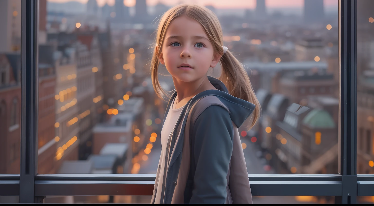 Generate an awe-inspiring hyper-realistic image showcasing a mesmerizing 10-year-old British girl with authentic features, gracefully positioned in front of a dynamic and vibrant cityscape.