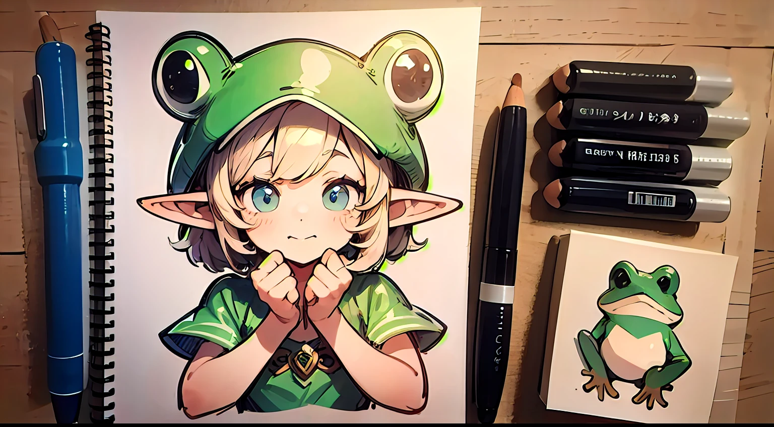 Cute elf character drawn in realistic hand drawn style、I like frogs、I'm wearing a frog hat