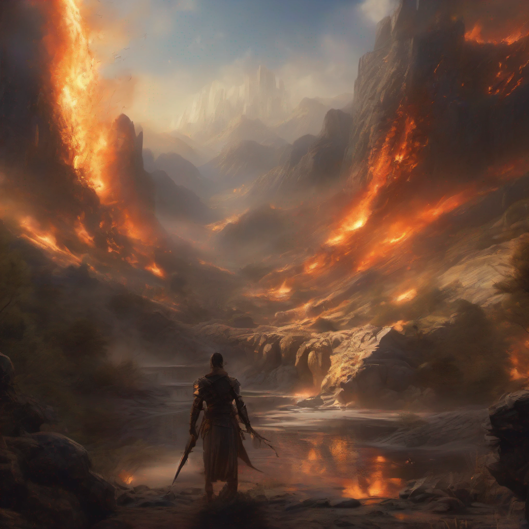 RAW wideangle photography, landscape, (He out-flew (Millions of flaming swords:1.3) drawn from the thighs Of (((mighty Cherubim:1.3))) ((((the sudden (blaze) Far round ((illuminated hell)))))) highly they (raged) Against the Highest and ((fierce)) (((with grasped Arms Clashed on their sounding Shields the din of (war)))) (((Hurling (defiance) toward the Vault of Heaven)))), epic, ominous, highly detailed, intricate environment, digital matte painting, outdoor, panoramic view, concept art, mystery, sharp focus, illustration, art by artgerm and greg rutkowski and magali villeneuve and alphonse mucha and rossdraws and wlop and craig mullins and James Jean and Andrei Riabovitchev and Marc Simonetti and peter mohrbacher, light by John Salminen, 4k uhd image, octane render, awesome, 8k, award winning art, cinematic lighting, high detail, intricate, ethereal, magical, otherworldly, dark fantasy, hyperrealistic, dreamlike, inky, old age, hypermaximalist, (decay:1.3), (grit:1.3), (neglect:1.3), to8contrast style RFKTR_sinetempore