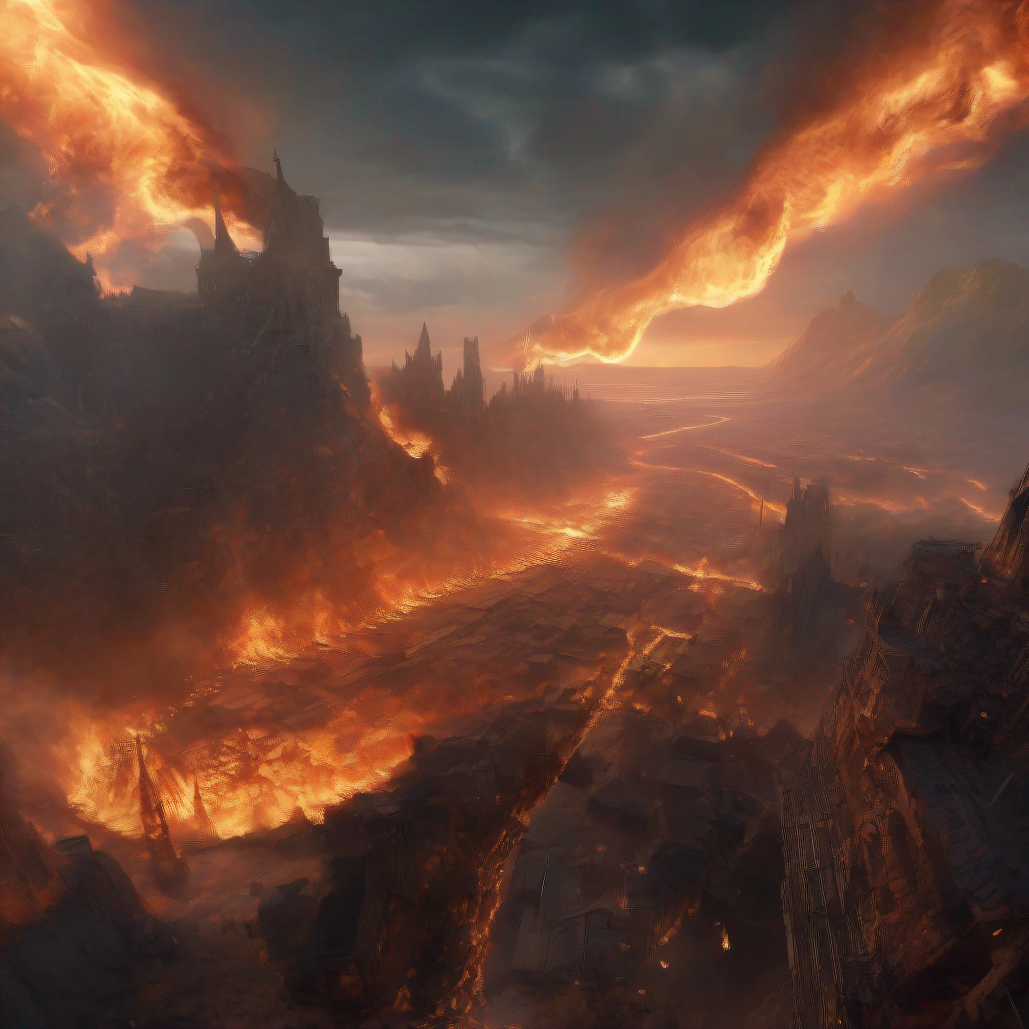 RAW wideangle photography, landscape, (He out-flew (Millions of flaming swords:1.3) drawn from the thighs Of (((mighty Cherubim:1.3))) ((((the sudden (blaze) Far round ((illuminated hell)))))) highly they (raged) Against the Highest and ((fierce)) (((with grasped Arms Clashed on their sounding Shields the din of (war)))) (((Hurling (defiance) toward the Vault of Heaven)))), epic, ominous, highly detailed, intricate environment, digital matte painting, outdoor, panoramic view, concept art, mystery, sharp focus, illustration, art by artgerm and greg rutkowski and magali villeneuve and alphonse mucha and rossdraws and wlop and craig mullins and James Jean and Andrei Riabovitchev and Marc Simonetti and peter mohrbacher, light by John Salminen, 4k uhd image, octane render, awesome, 8k, award winning art, cinematic lighting, high detail, intricate, ethereal, magical, otherworldly, dark fantasy, hyperrealistic, dreamlike, inky, old age, hypermaximalist, (decay:1.3), (grit:1.3), (neglect:1.3), to8contrast style RFKTR_sinetempore