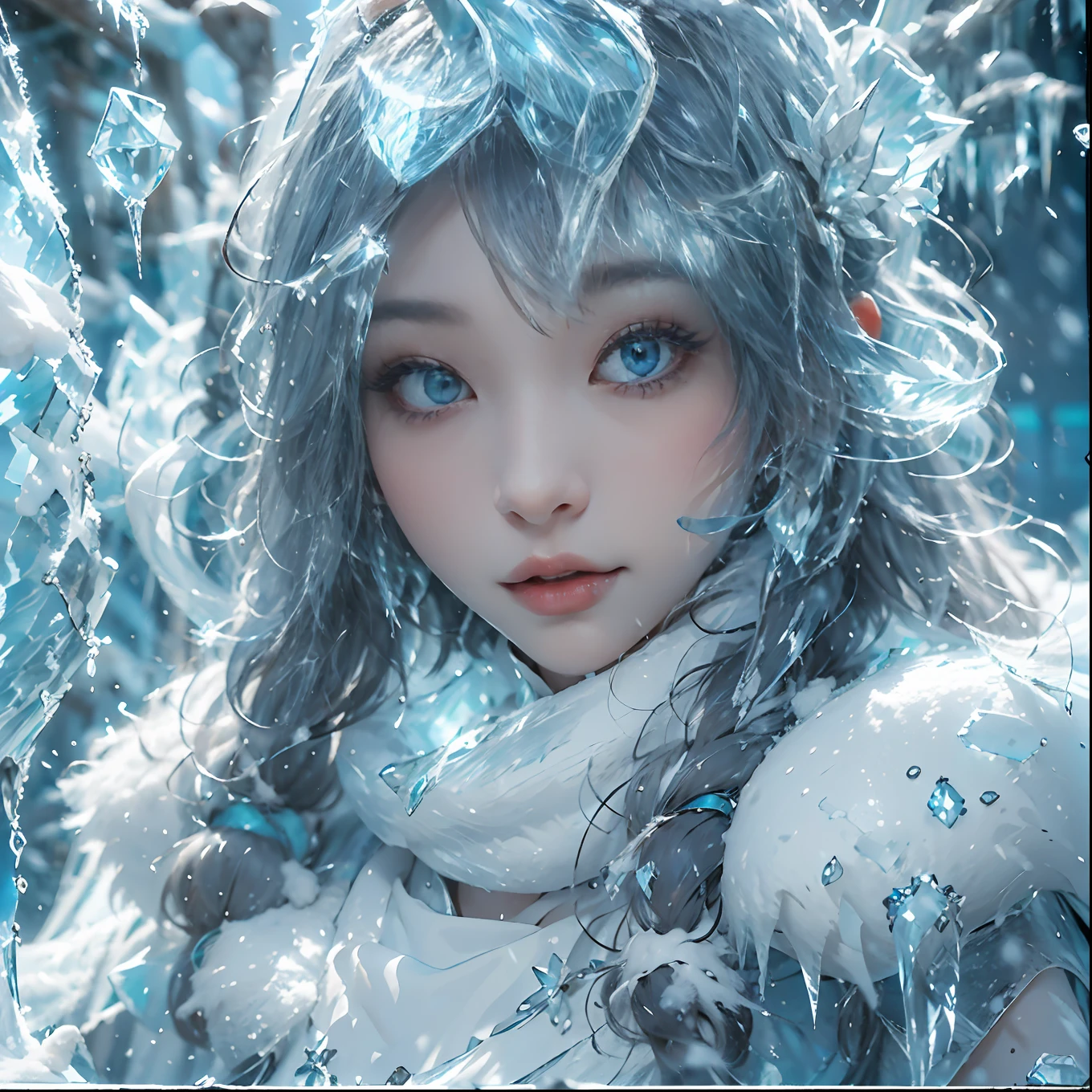 (((1girll)))，（Perfect facial features：1.4），icey，ice wings，Splashed liquid，Wavy liquid，airbubble，standing on water，wave，Blue glow，（Frost wings），(((Powerful ice magic)))，(((Icicles)))，Towering over the landscape，Blue light cold light，(((Ice storms)))，Wind，((Flying snow ice and snow))，Amazing results，,best qualityer,tmasterpiece,超高分辨率,finely detailled,Complicated details,8K分辨率,8KUCG wallpaper,hdr,water blue,Magic Array,Cinematic lighting effects,lightand shade contrast，Ray traching、NVIDIA RTX