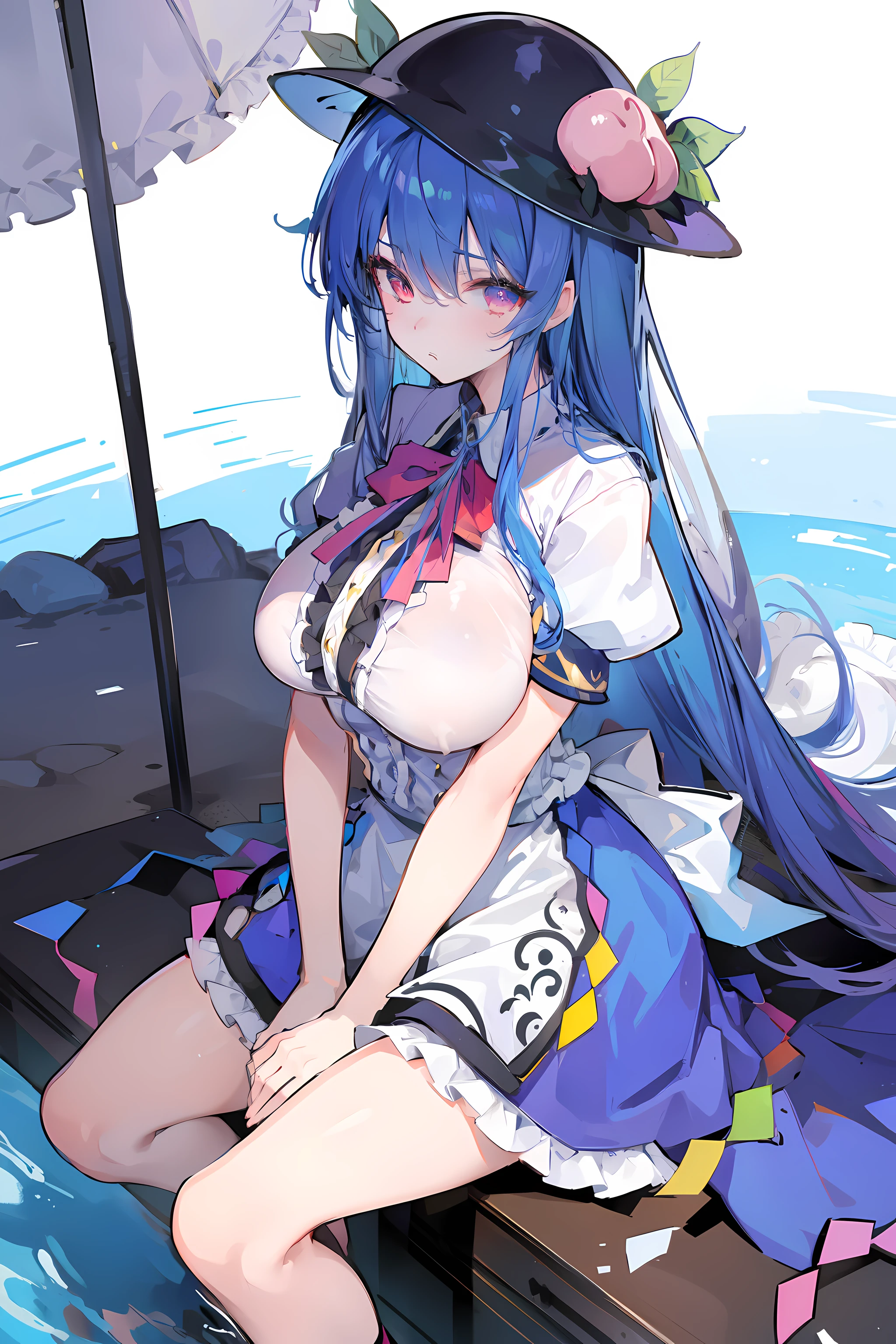 (masterpiece),best quality, expressive eyes, perfect face, 1girl,
big breast, H-cup, good breast, hands on waist,beautiful, gorgeous,anime,girl,lora,hinanawi tenshi, blue hair, blue haired,tent boobs, tent chest, tent breast, floating clothes,w sitting, w sitting on ground, legs on ground, Hands between thighs, arms between legs