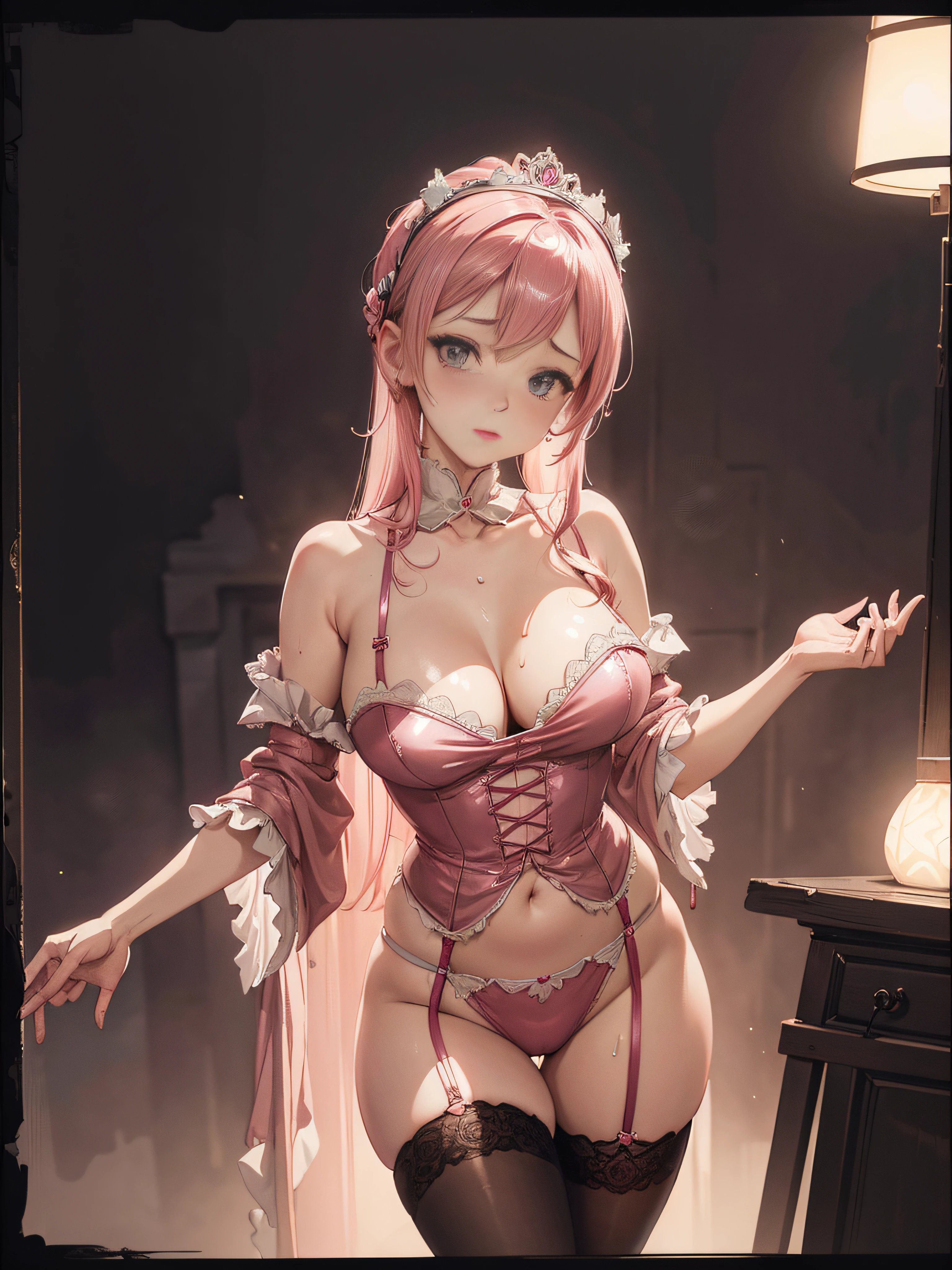 The charming royal sister has a pink glow, sensual lingerie, Suspender stockings, looking at viewert, busty figure, fleshy feeling, Sweat profusely, Perfect details, High-resolution fine textures, Depth of field effect, Brilliant lighting effects, lightand shade contrast, Ray tracing and flare effects, Best texture, Genre painting
