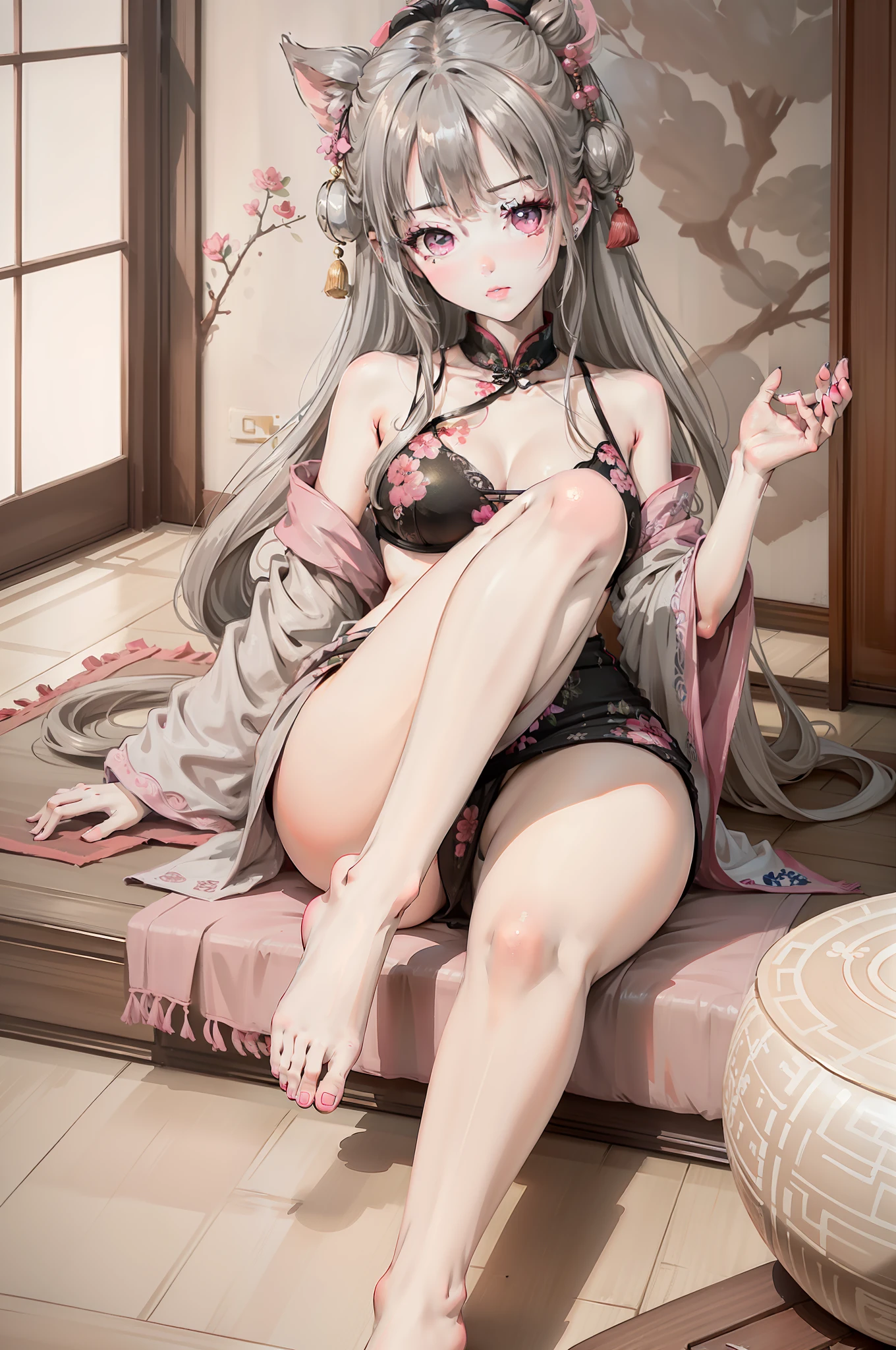 A pair of feet facing the camera,  gray hair, pink eyes, lying all over the body Chinese living room 4K