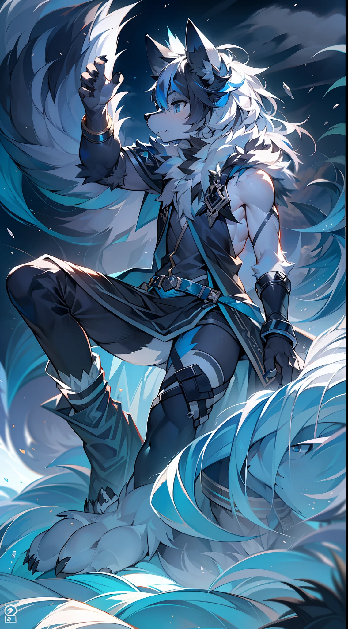 A wolf,Shota,Black and white hair,Black fingerless long gloves,Black pedal socks,tender ,nakeness,Blue sky,Surrounded by a dark blue wind,Extreme light and shadow,Beautiful artistic conception,White sunlight