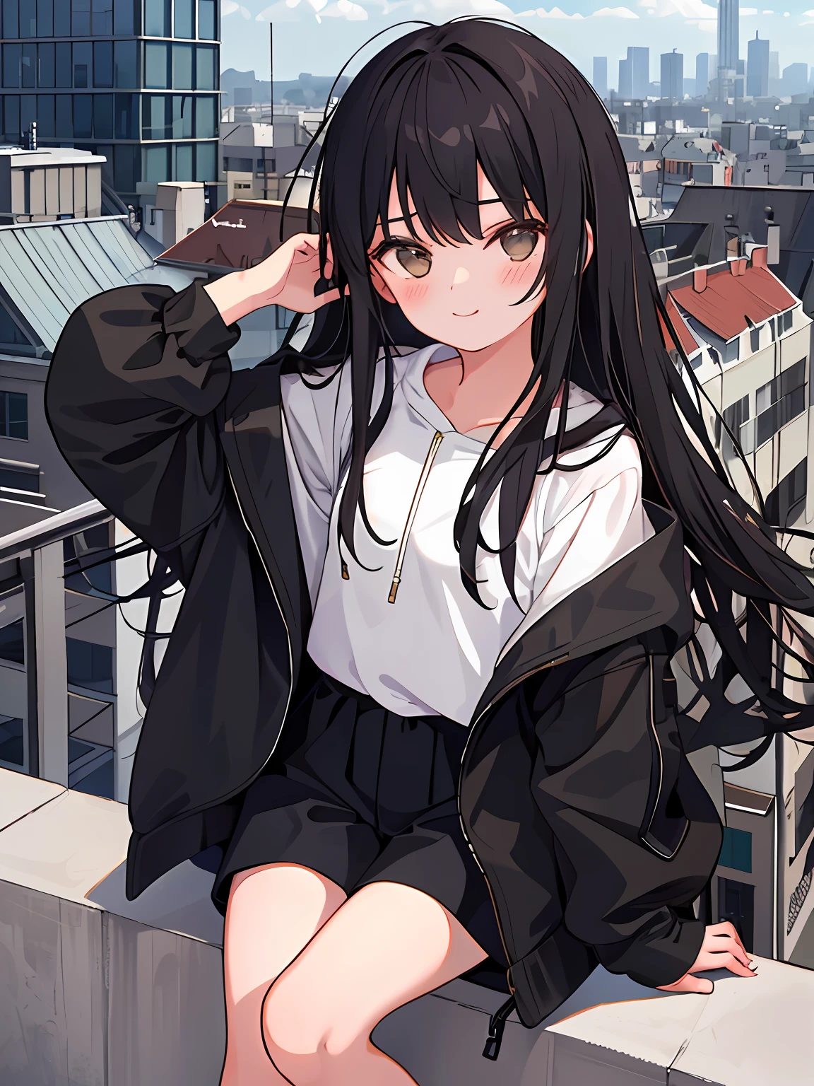 1girl in、A dark-haired、Long、beautiful hairl、On top of the building、Sit up、Throwing out your legs、meek、discret smile、parka、short trousers、beatiful backgrounds、girl with、full bodyesbian、natta、Buildings