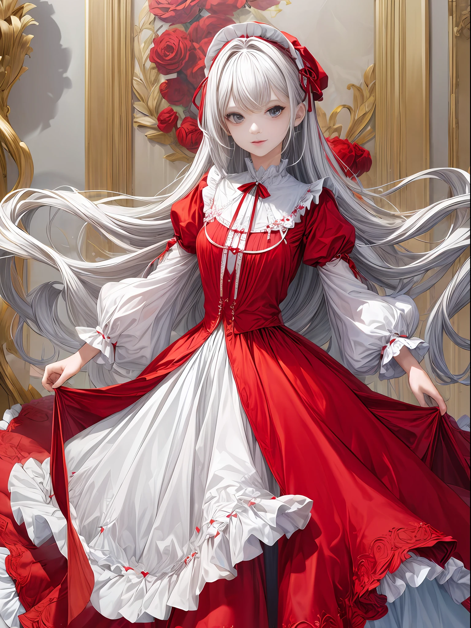 (Masterpiece, Best Quality, High Quality, Highres:1.4), red dress、Ruffled dresses、long  skirt，Puffy skirt，Fluffy sleeves，longer sleeves：1.2），jewelry，white color hair