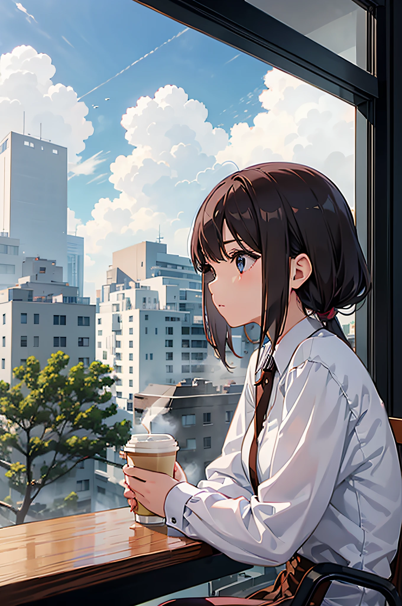 a girl looking outside the window while sitting down at a table in a cafe, holding a cup of steaming coffee, rolling clouds, daytime, volumetric lighting, facing away from camera