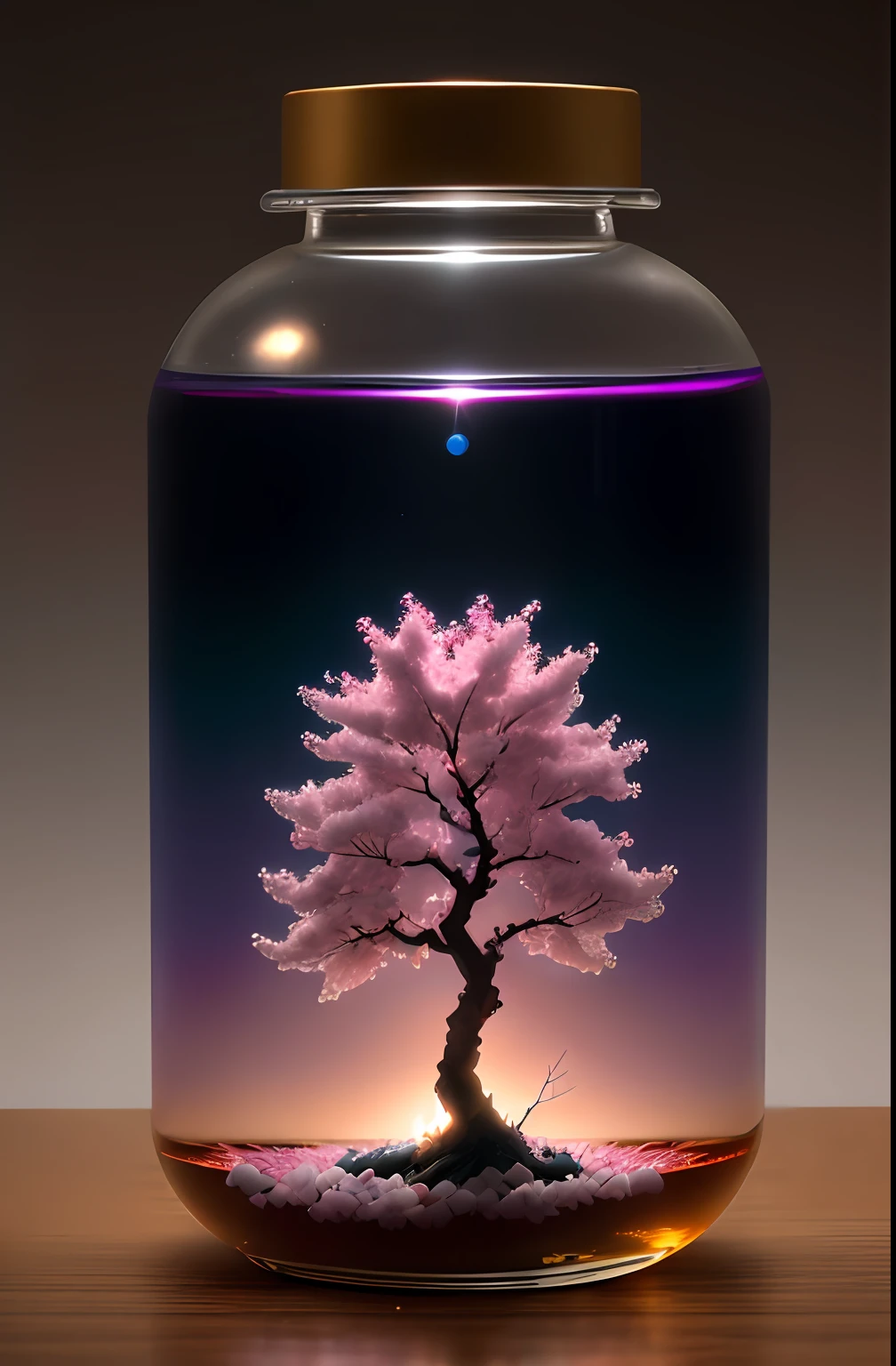 sakura tree in a bottle, fluffy, realistic, atmospheric light refraction, by lee jeffries nikon d850 film stock photograph 4 kodak portra 400 camera f1.6 lens rich colors hyper realistic lifelike texture dramatic lighting unreal engine trending on artstation cinestill 800, Style-Glass