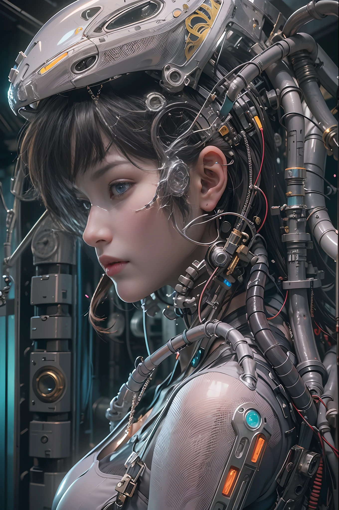 Top Quality, Masterpiece, Ultra High Resolution, ((Photorealistic: 1.4), Raw Photo, 1 cyberpunk Girl, Glossy Skin, 1 Mechanical Girl, (Ultra Realistic Details)), mechanical limbs, tubes connected to the mechanical parts, mechanical vertebrae attached to the spine, mechanical cervical attachment to the neck, wires and cables connecting to the head, Evangelion, Ghost in the Shell, small glowing LED lamps, global lighting, deep shadows, Octane Rendering, 8K, Ultra Sharp, Metal, Intricate Ornament Details, baroque details, Very intricate details, realistic light, CGSoation trend, facing the camera, neon details, (android manufactory in background), ((art by H.R. Giger and Alphonse Mucha.))
