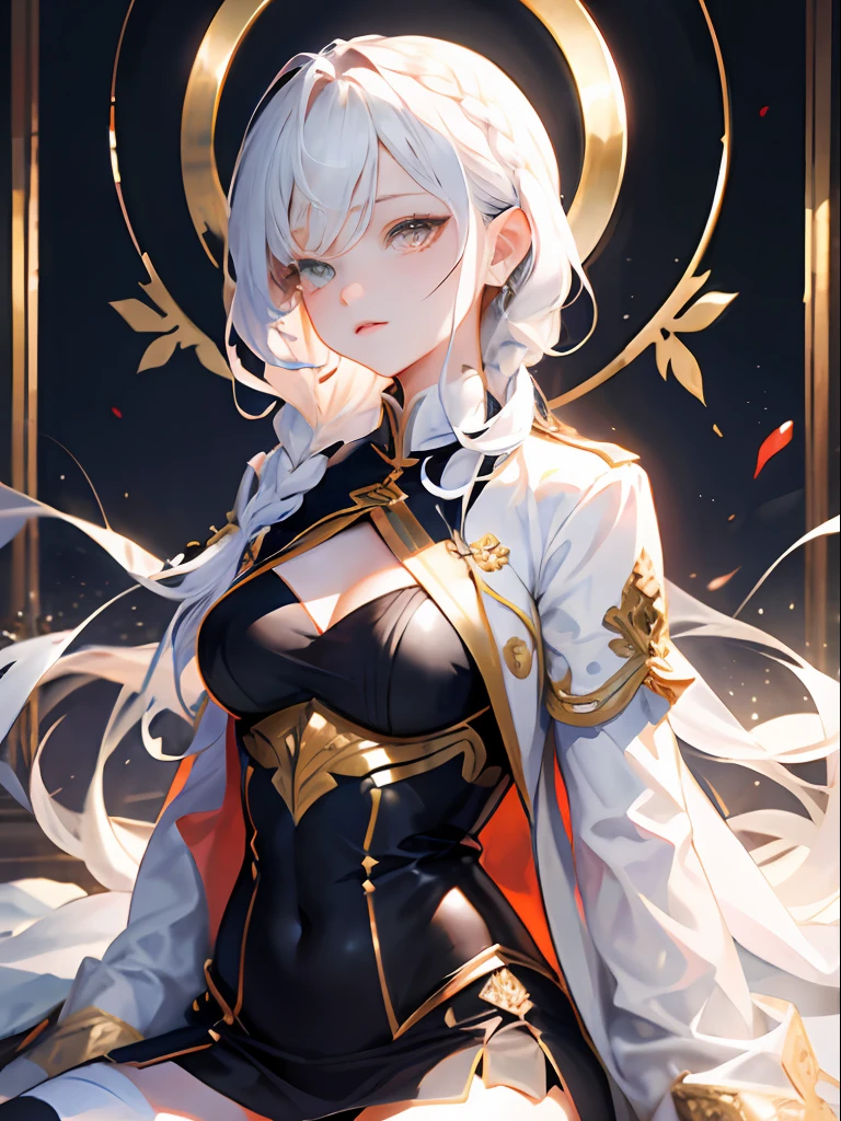 Need,tmasterpiece,whaite hair,Golden eyes,Manteau blanc,Hairline,Fair skin,SideBraid,fully body photo,blackstockings