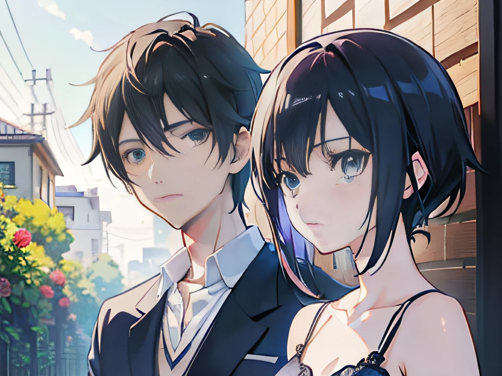 Anime couple，In the background is a rose bush, ,Makoto Shinkai's anime-style portrait, adolable, style of anime4 K, Stunning anime face portrait, Makoto Shinkai and Artgerm, Kawaii realistic portrait, Digital anime illustration, Guviz, anime styled digital art