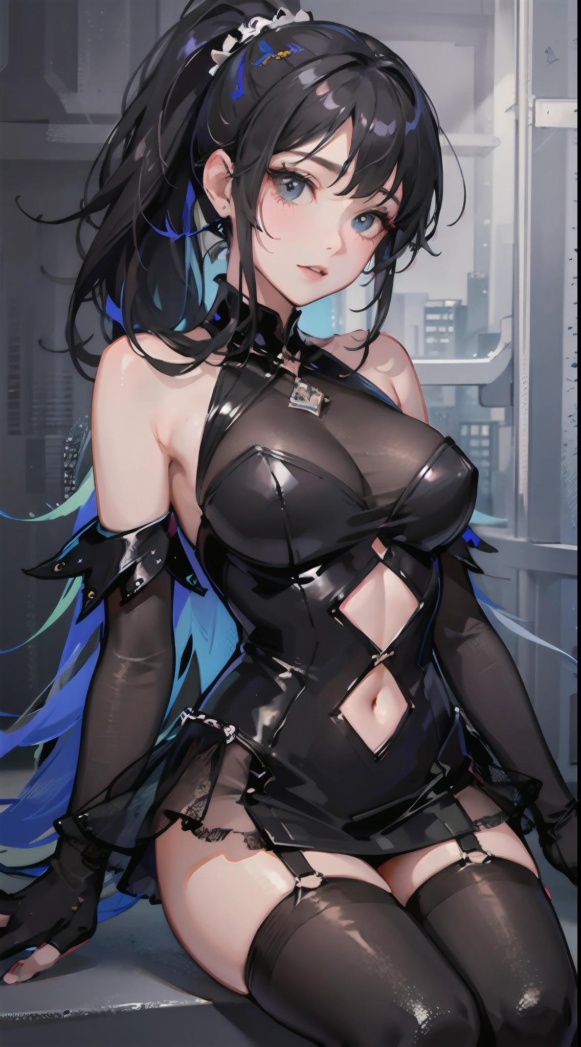 1girll,beauitful face,Celebrity,High ponytail,Sexy body,black color dress,The chest has black transparent tulle,Bare legged,Black booties,tmasterpiece,8K,high qulity,