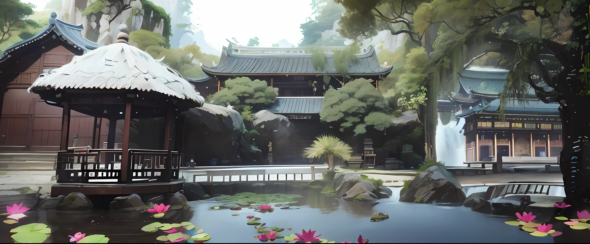 9:16 Full picture, ancient Chinese architecture, hazy moon, night, garden, bamboo, lake, stone bridge, rockery, arch, corner, rockery, tree, running water, landscape, outdoor, waterfall, grass, rock, water lily, hot spring , Water Vapor, (Illustration: 1.0), Epic Composition, Detail Enhancement, Detail Enhancement. Realistic lighting, HD details, masterpiece, best quality, (very detailed CG unity 8k wallpaper), (best quality)