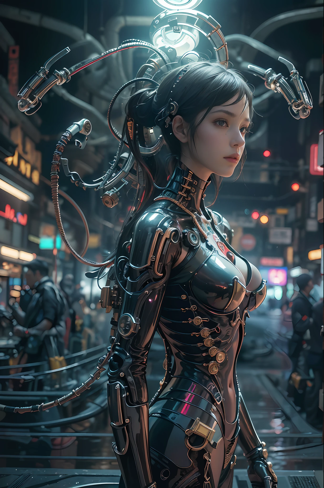 Top Quality, Masterpiece, Ultra High Resolution, ((Photorealistic: 1.4), Raw Photo, 1 cyberpunk Girl, Glossy Skin, 1 Mechanical Girl, (Ultra Realistic Details)), mechanical limbs, tubes connected to the mechanical parts, mechanical vertebrae attached to the spine, mechanical cervical attachment to the neck, wires and cables connecting to the head, Evangelion, Ghost in the Shell, small glowing LED lamps, global lighting, deep shadows, Octane Rendering, 8K, Ultra Sharp, Metal, Intricate Ornament Details, baroque details, Very intricate details, realistic light, CGSoation trend, facing the camera, neon details, (android manufactory in background), ((art by H.R. Giger and Alphonse Mucha.))