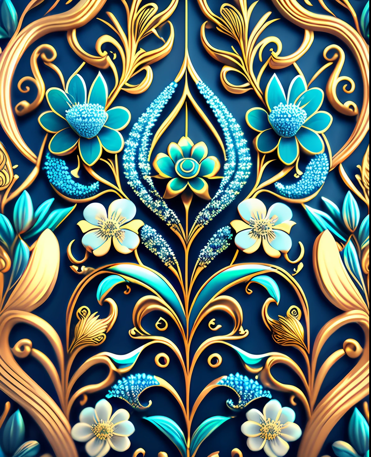 ornate pattern and abstract flowers and vines, gold and iridescent, Southern lights, blue, teal, soft sky blue, intricate pattern, maya render, maximum detail, UHD, 32k photorealistic, HDR, High octane render