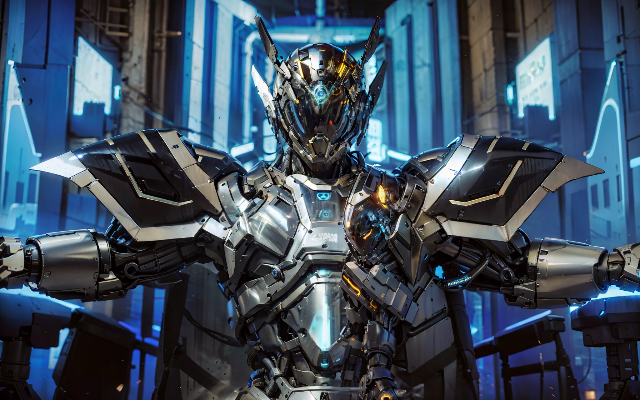 Realiy,photorealestic,Machinary,mechs,Technologie,musculous,glowing light eyes,Burly body,style of photography,Real scenery(Metallic texture 1.8)(Excess detail 2)(High resolution1.6)(4K clarity1.9)(Carbon fiber 1.5)(Metal reflection 1.5),Neon lights,obi strip(1:1),