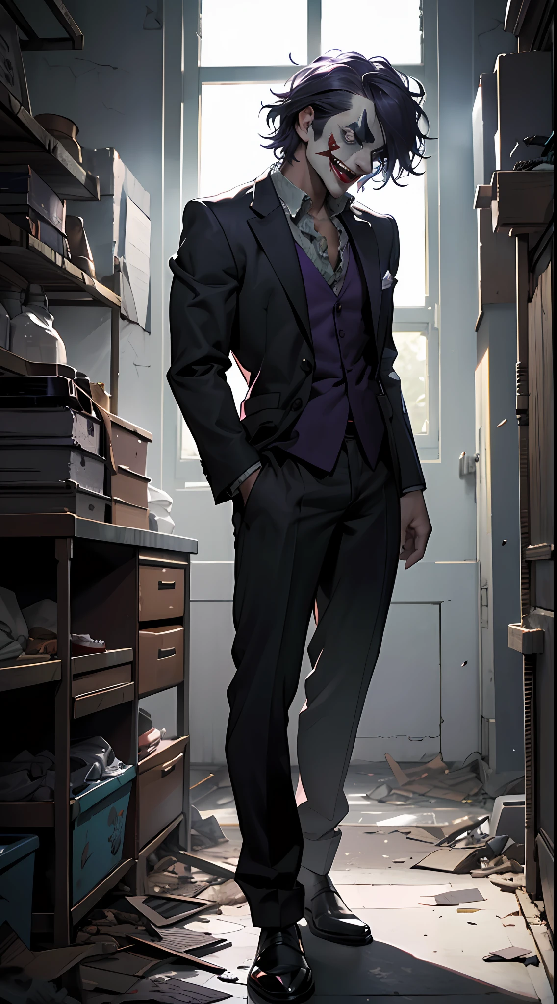 dark and gloomy full body 8k fish eye lens photo, The Joker , wearing broken purple suit, at cluttered and messy insane asylum , bloddy, tattered torn shirt, skin pores, detailed intricate iris, very dark lighting, heavy shadows, detailed, detailed face, (vibrant, photo realistic, realistic, dramatic, dark, sharp focus, 8k)