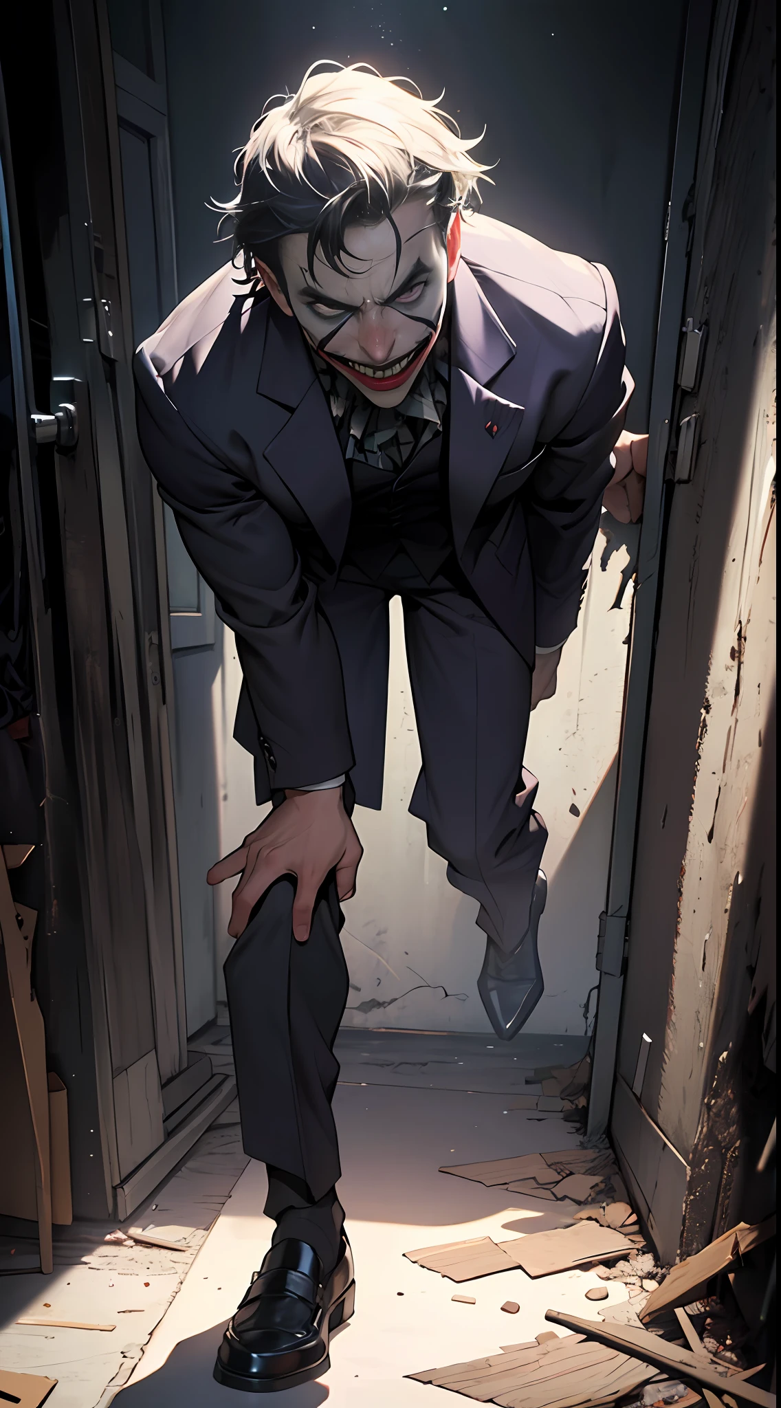 dark and gloomy full body 8k fish eye lens photo, The Joker , wearing broken purple suit, at cluttered and messy insane asylum , bloddy, tattered torn shirt, skin pores, detailed intricate iris, very dark lighting, heavy shadows, detailed, detailed face, (vibrant, photo realistic, realistic, dramatic, dark, sharp focus, 8k)