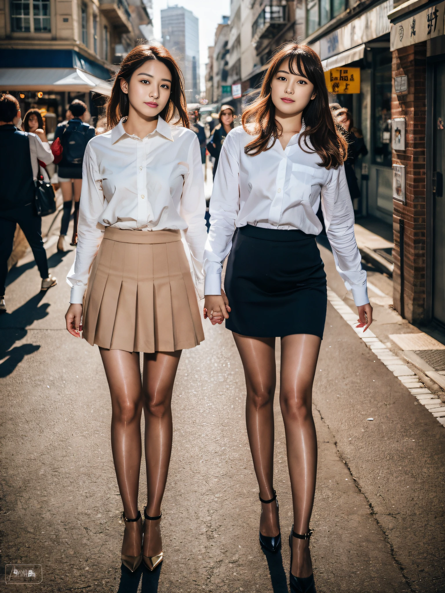 ,(RAW photo:1.2), (Photorealistic:1.4), Street photography,Beautiful Meticulous Girl, very detailed eyes and faces, Beautiful detailed eyes, ultra - detailed, A high resolution, The is very detailed,best qualtiy,tmasterpiece,Nice looking top,a skirt,illustratio,The is very detailed,unified,8k 壁纸,finely detailled,tmasterpiece,best qualtiy,Unity8k wallpapers,light in face,cinmatic lighting, 1girll, 16 years old,(Camel toes),(full bodyesbian),are standing,鎖骨,Stylish clothes,Short skirt skirt,Long legs,high-heels,the street,城市