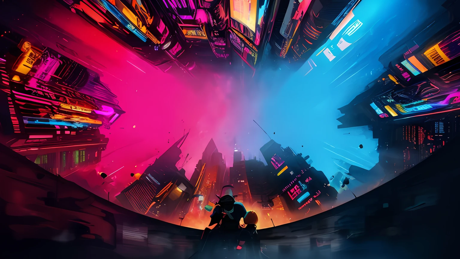 Colorful photo of 3 robots sitting in the city at night, Digital artwork 4 K, 8K HD wallpaper digital art, 4 k hd illustrative wallpaper, digital art widescreen 8 k, Cyberpunk art style, style hybrid mix of beeple, cyberpunk vibrant colors, beeple colors, beeple style, in the style of beeple, cyberpunk digital art