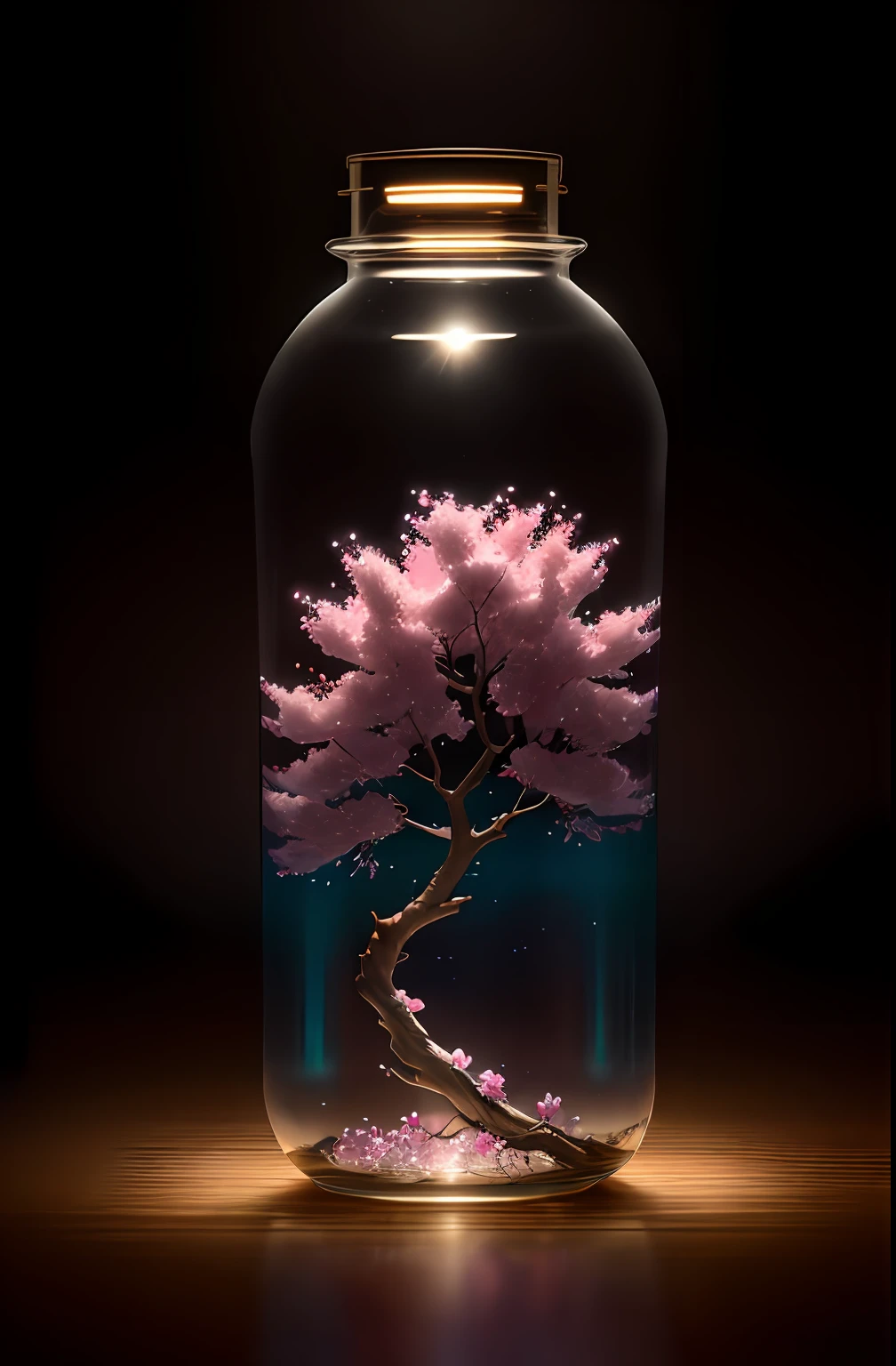 sakura tree in a bottle, fluffy, realistic, atmospheric light refraction, by lee jeffries nikon d850 film stock photograph 4 kodak portra 400 camera f1.6 lens rich colors hyper realistic lifelike texture dramatic lighting unreal engine trending on artstation cinestill 800, Style-Glass