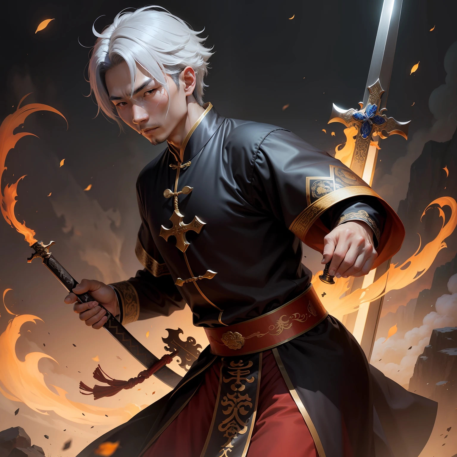 A Chinese Taoist priest with a Western cross sword。