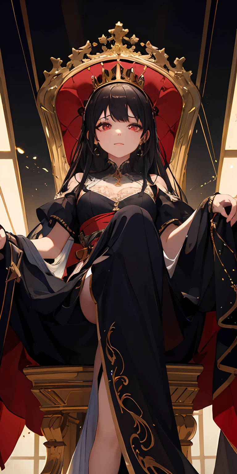(Masterpiece:1.2), best quality, (illustration:1.2), (ultra-detailed), hyper details, (delicate detailed), (intricate details), (cinematic light, best quality Backlights), clear line, from below, solo female, perfect body, (1girl), black hair, red eyes, (emperor, black see-through clothes),(crown:1.1), sitting on Throne, looking downward, turn head, ((makeup)), high contrast, (best illumination, an extremely delicate and beautiful), ((cinematic light)), colorful,