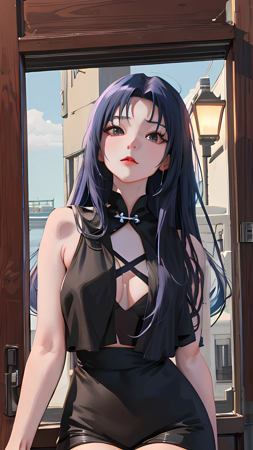 Anime girl with black hair and black cheongsam standing in front of the door, Guviz-style artwork, Digital anime illustration, attractive anime girls, seductive anime girls, realistic anime artstyle, Digital anime art, Anime girl wearing black dress, Anime style. 8K, portrait anime girl, Beautiful anime girl, style of anime4 K, a beautiful anime portrait,Realistic anime 3 D style, Anime style. 8K, anime realism style, realistic anime artstyle, Photorealistic anime,style of anime4 K, Guviz-style artwork, Casual pose,((tmasterpiece,best qualtiy)),illustratio,Ultra-detailed 8K,Photorealsitic,Clear focus,A highly detailed,Professional lighting,Colorful detailed,Rainbow color BREAK factory super long shot,with light glowing,Complicated details,Shitu-mecha,1girl stands in front of the audience,Bigchest。