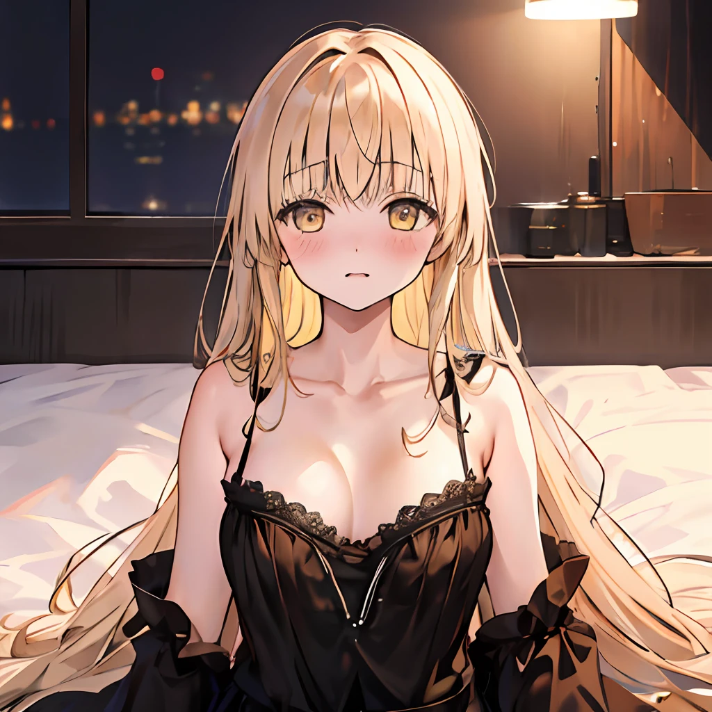 (Highest picture quality), (Master's work),(Detailed eyes description),(Detailed face description), 1girl, yellow eyes, shiina mahiru, yellow hair,(very long hair),very long hair ,black night gown, cum, cum in face, nsfw, missonary pov , sex, missionary, visible shoulders, blush, cleavage, medium breast, bed, indoor, bedroom, woman, front, shy, expression, scene, attention-grabbing, modern, focus, realistic lighting, extreme blushing, lewd