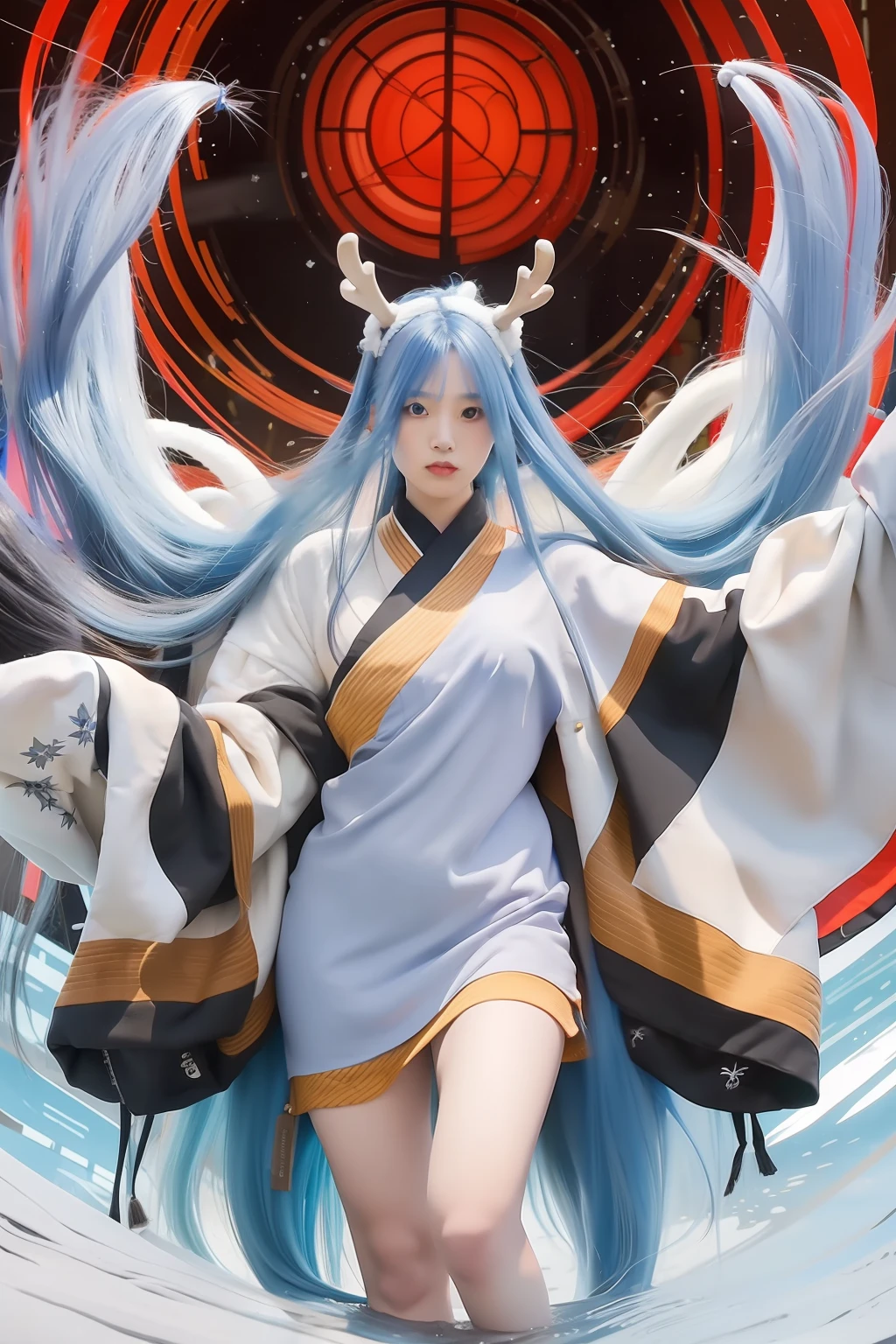 Kaguya otsutsuki. One woman wore a white kimono with a yellow and purple striped. Standing in a dark room. Her hair, straight blue and long, unraveled so beautifully. With a pair of antlers on his head. Both his balls are white as a stare. Her lips are so red sexy. With breasts that stand out big and round. So pretty and realistic
