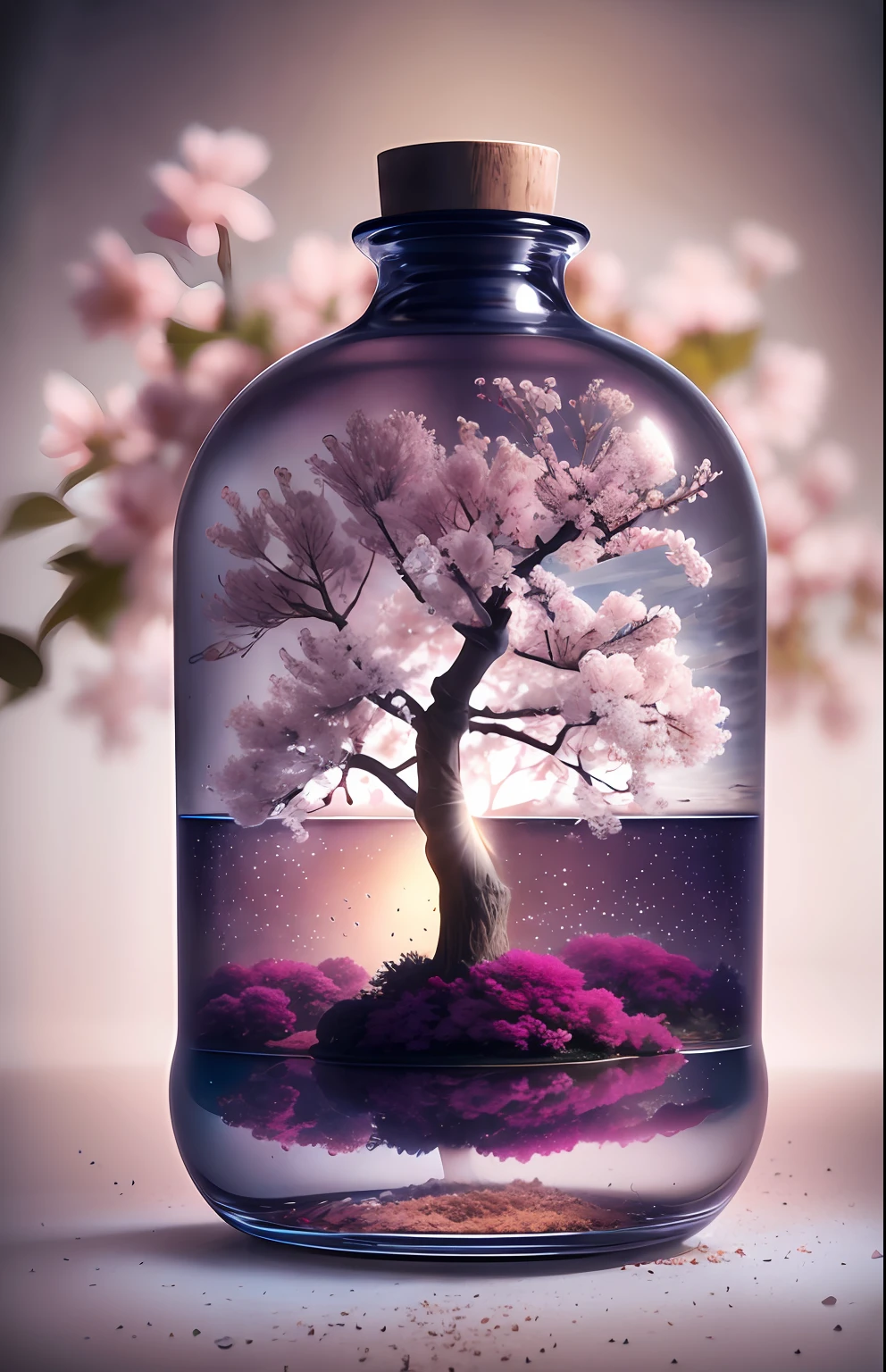 sakura tree in a bottle, fluffy, realistic, atmospheric light refraction, by lee jeffries nikon d850 film stock photograph 4 kodak portra 400 camera f1.6 lens rich colors hyper realistic lifelike texture dramatic lighting unreal engine trending on artstation cinestill 800, Style-Glass